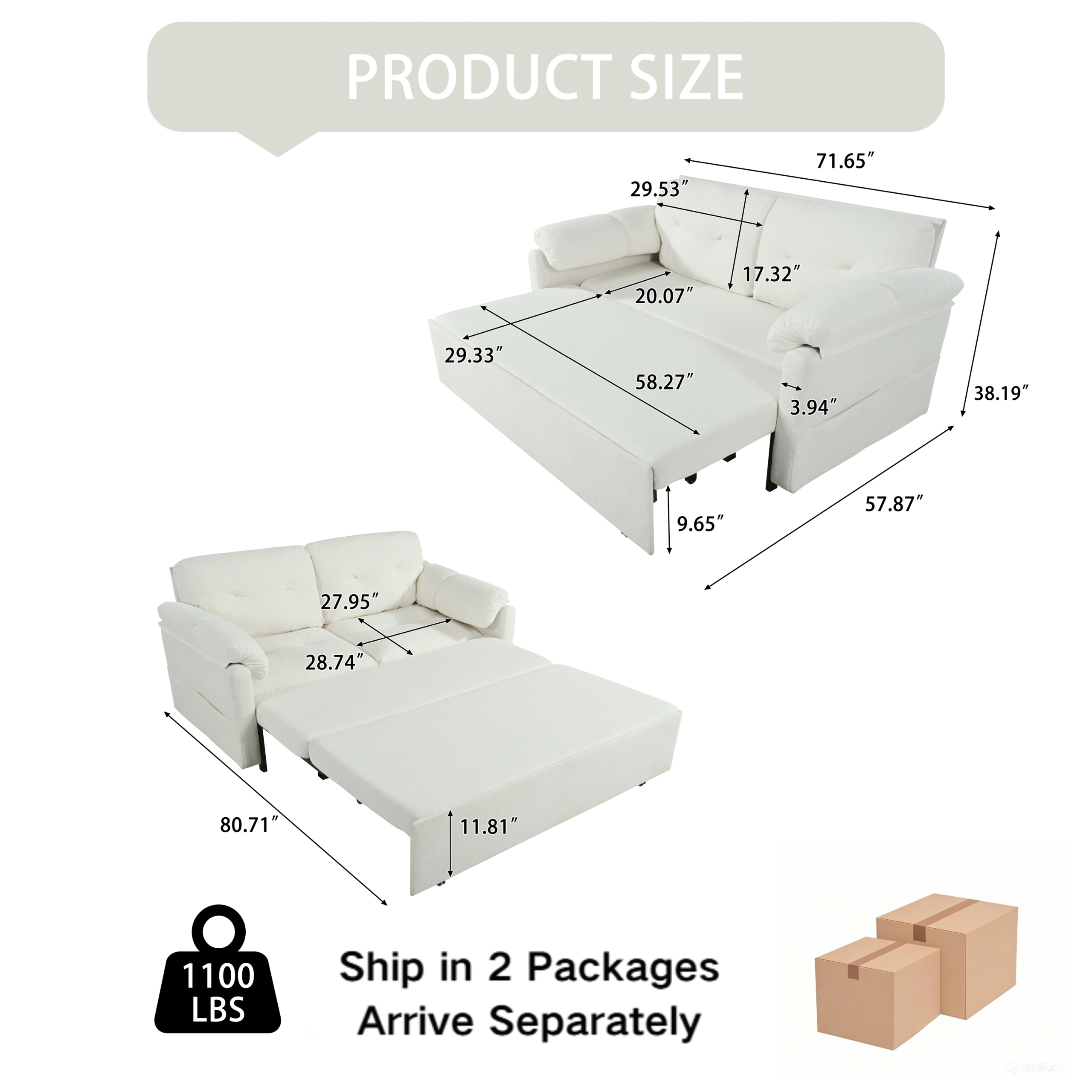 (Old:W3163P269692) Convertible Pull-Out Queen Sleeper Sofa, 3-in-1 Sofa Bed with Side Storage & 8 Silent Casters, Thick Padded Chenille Loveseat for Living Room, Bedroom, Apartment,Beige - Image 3