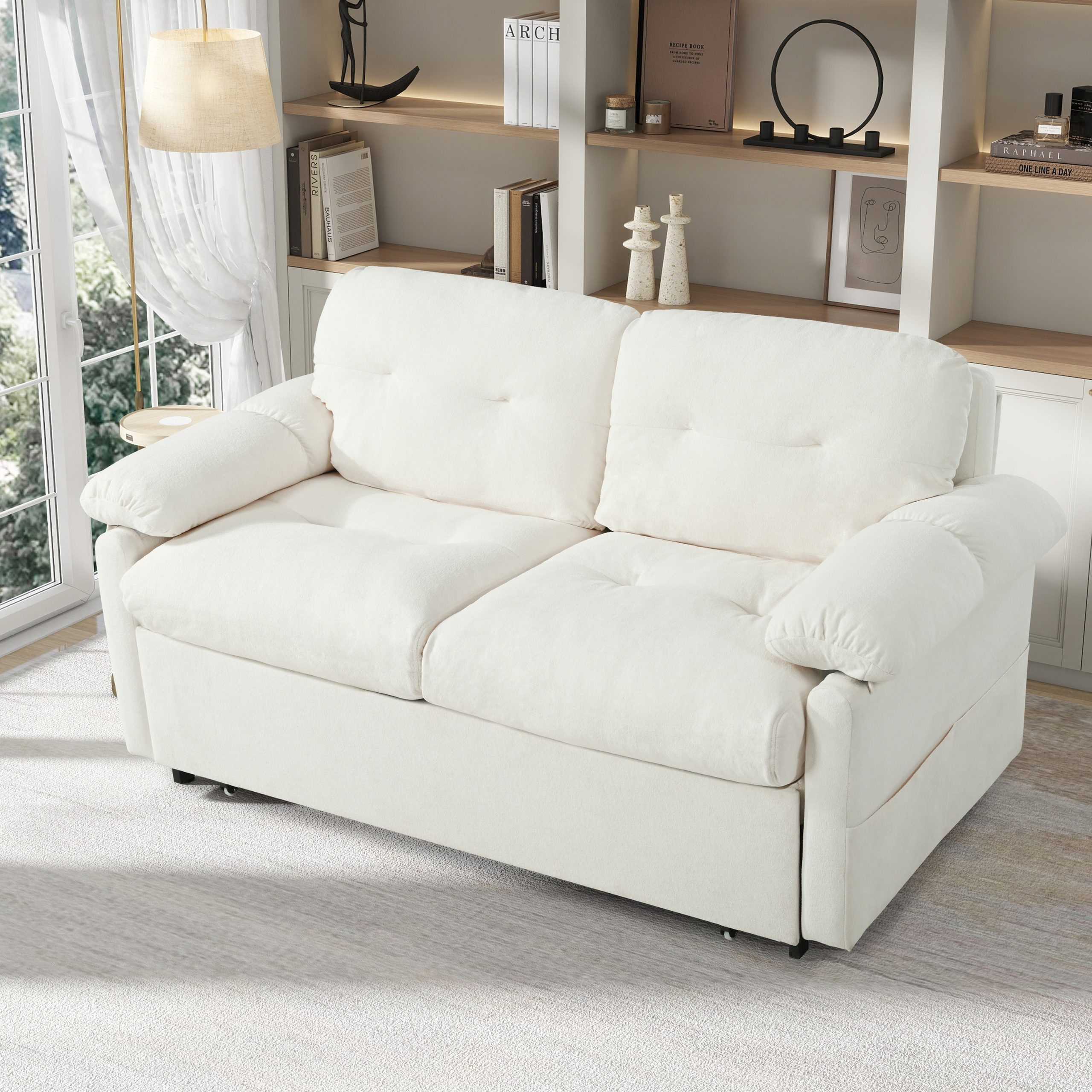 (Old:W3163P269692) Convertible Pull-Out Queen Sleeper Sofa, 3-in-1 Sofa Bed with Side Storage & 8 Silent Casters, Thick Padded Chenille Loveseat for Living Room, Bedroom, Apartment,Beige - Image 4