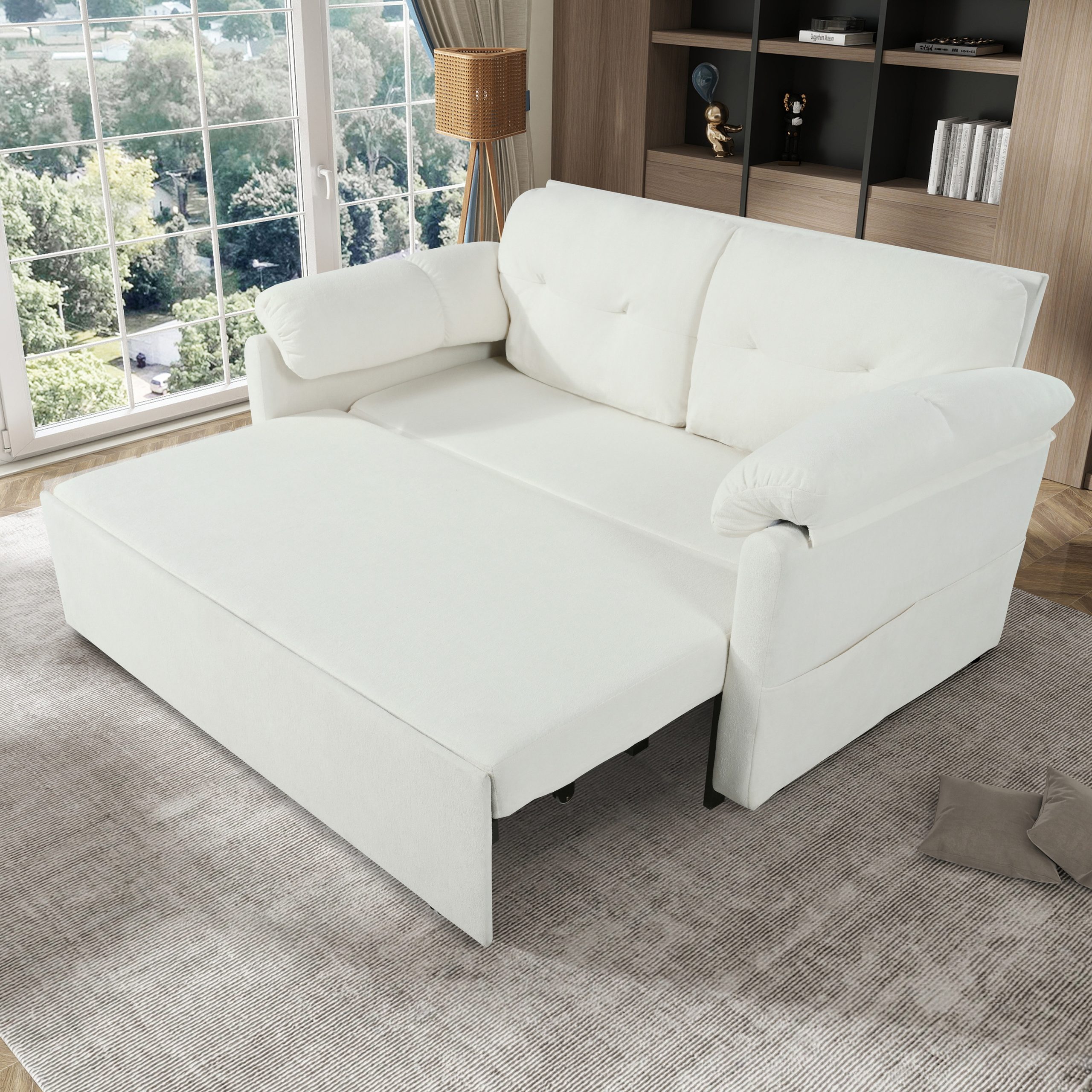(Old:W3163P269692) Convertible Pull-Out Queen Sleeper Sofa, 3-in-1 Sofa Bed with Side Storage & 8 Silent Casters, Thick Padded Chenille Loveseat for Living Room, Bedroom, Apartment,Beige - Image 5