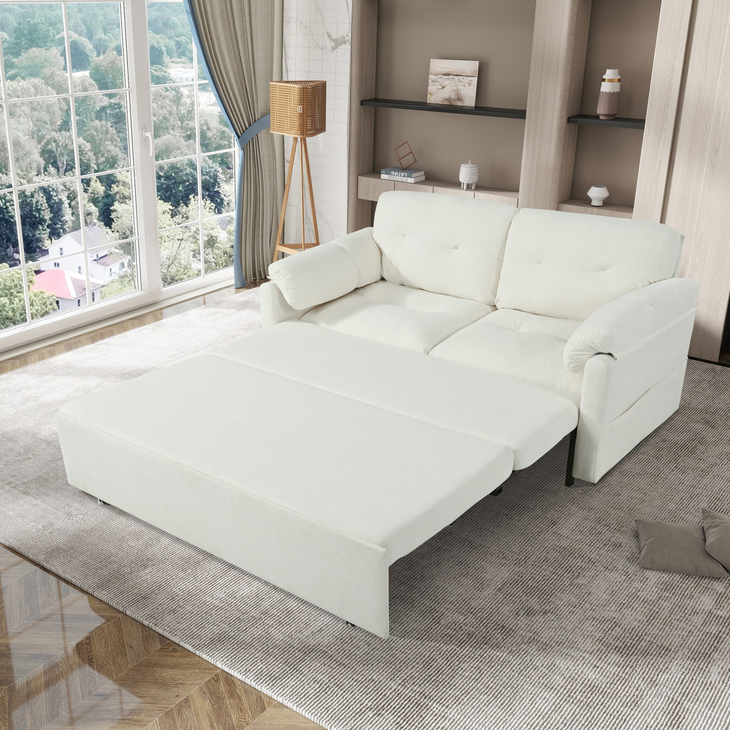 (Old:W3163P269692) Convertible Pull-Out Queen Sleeper Sofa, 3-in-1 Sofa Bed with Side Storage & 8 Silent Casters, Thick Padded Chenille Loveseat for Living Room, Bedroom, Apartment,Beige - Image 6