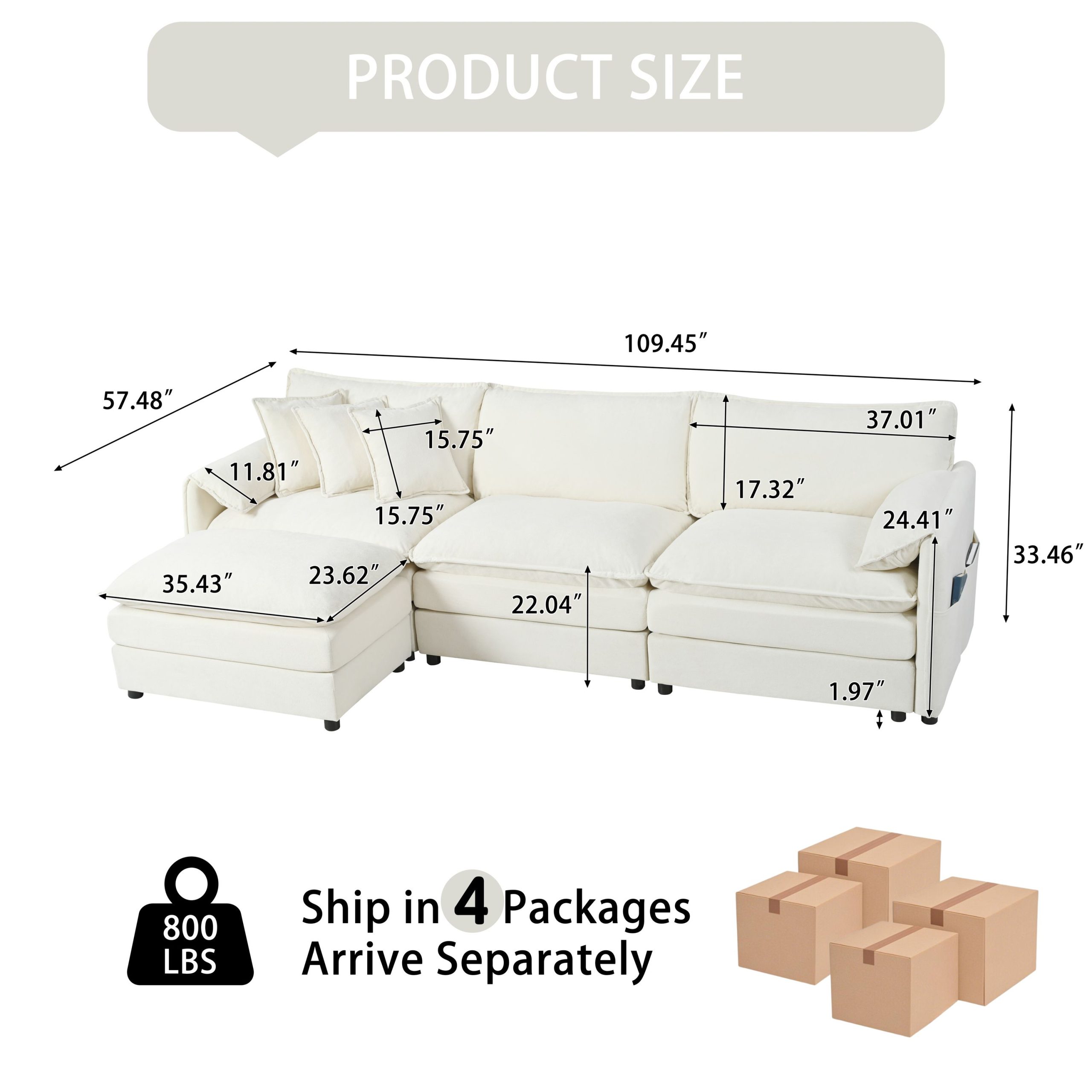 (Old:W3163S00019) Modular Sectional Sofa, Oversized Deep Seat L Shaped Couch Set for Living Room, 3-Seater Comfy Cloud Couches with Movable Ottoman, DIY Combination, Chenille,Beige - Image 2