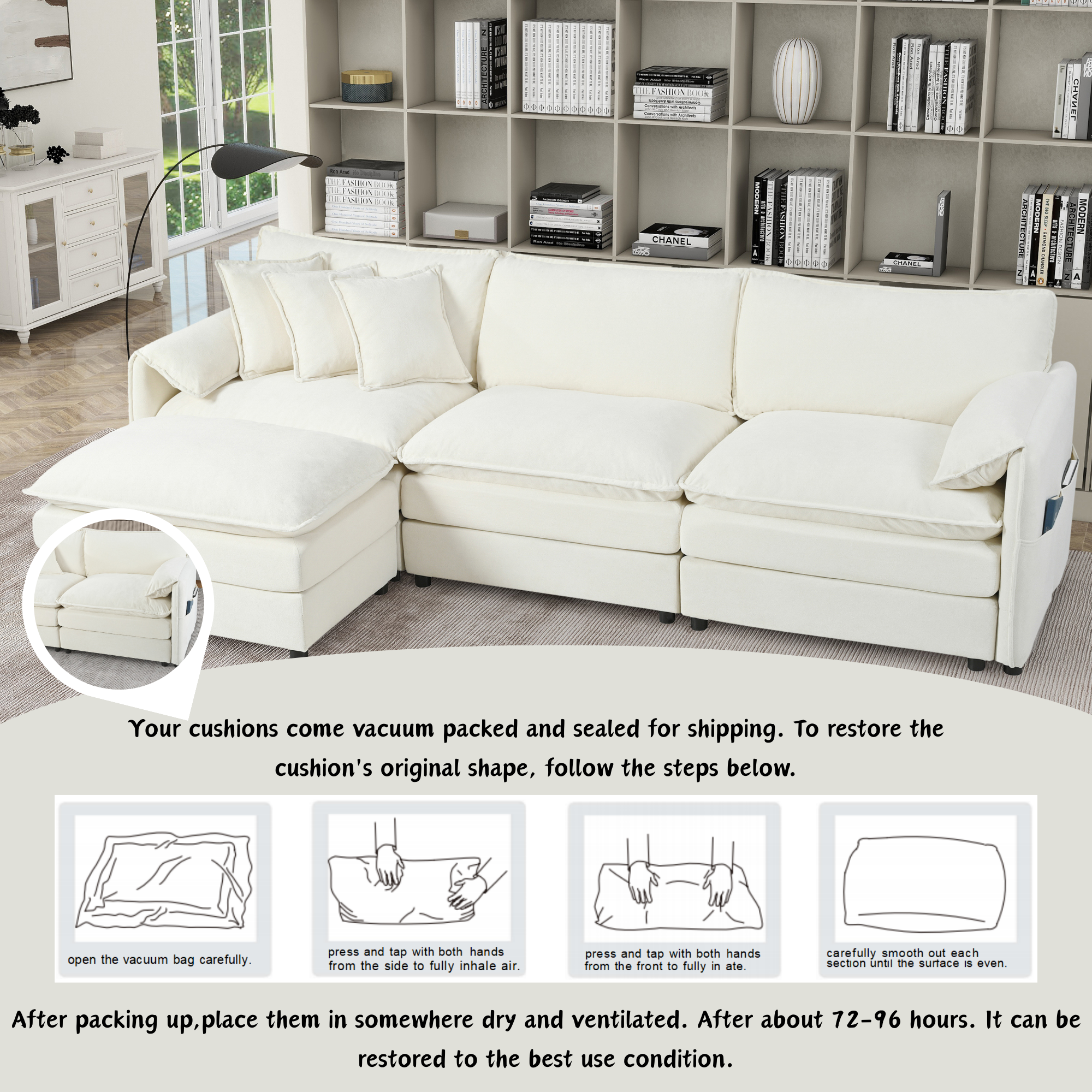 (Old:W3163S00019) Modular Sectional Sofa, Oversized Deep Seat L Shaped Couch Set for Living Room, 3-Seater Comfy Cloud Couches with Movable Ottoman, DIY Combination, Chenille,Beige - Image 3