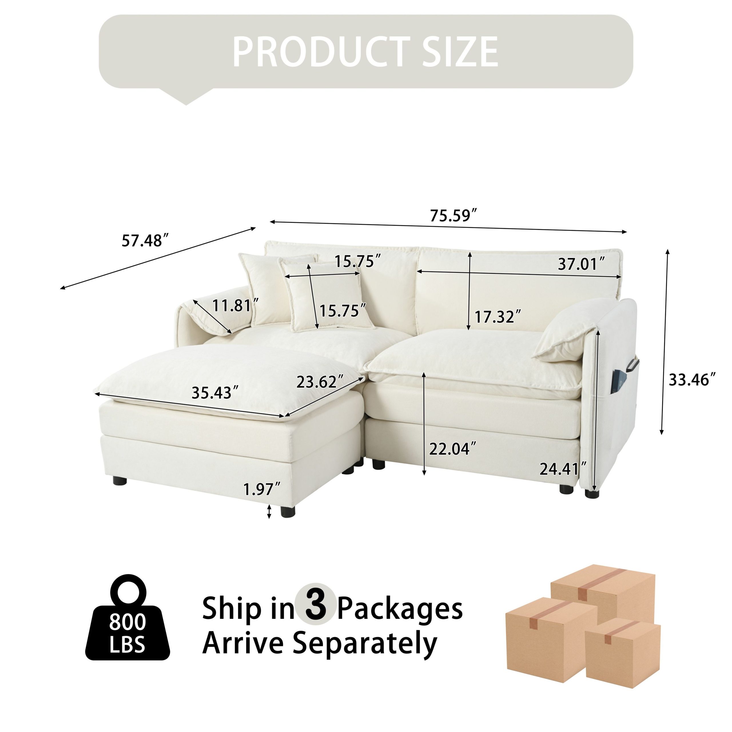 (Old:W3163S00010) Deep Seat Sectional Sofa Cloud Couch with Ottoman, Modern Chenille Comfy Love Seat Upholstered Modular L Shaped Couch for Living Room, Apartment, Office,DIY Combination,Beige - Image 2