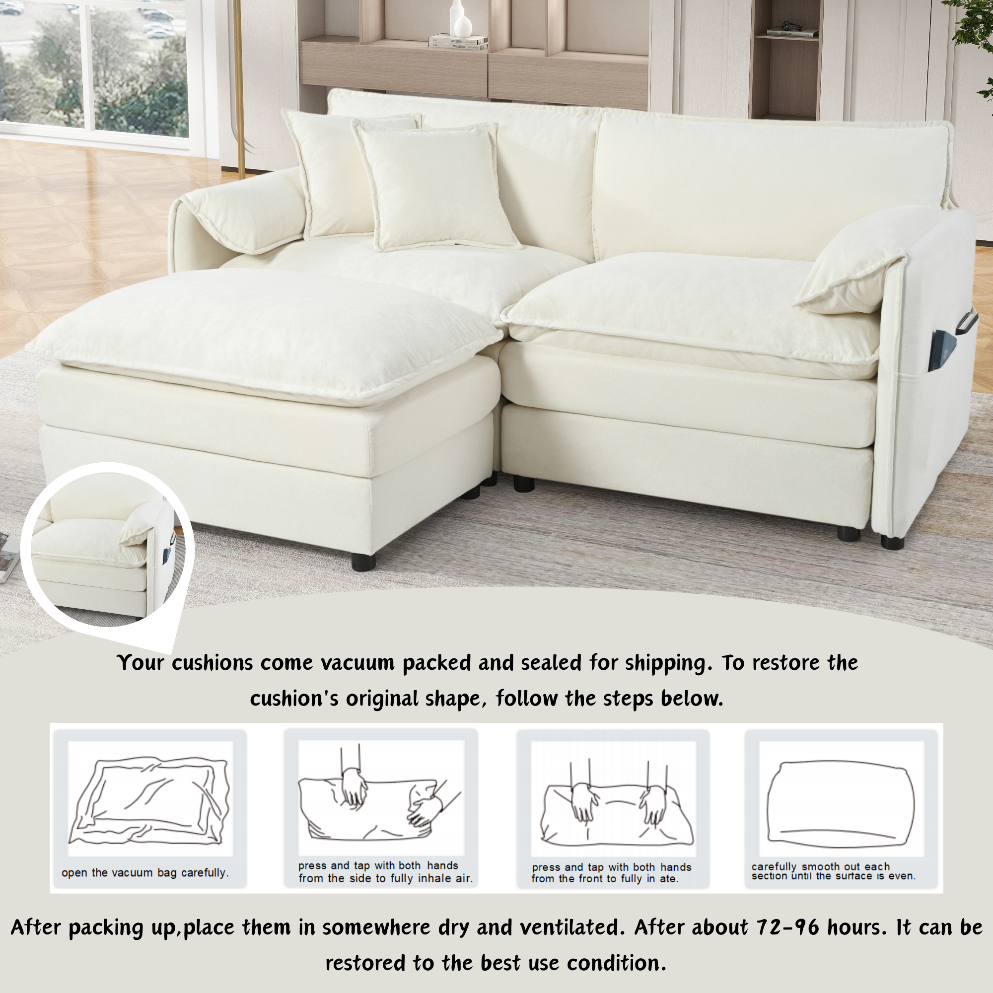 (Old:W3163S00010) Deep Seat Sectional Sofa Cloud Couch with Ottoman, Modern Chenille Comfy Love Seat Upholstered Modular L Shaped Couch for Living Room, Apartment, Office,DIY Combination,Beige - Image 3
