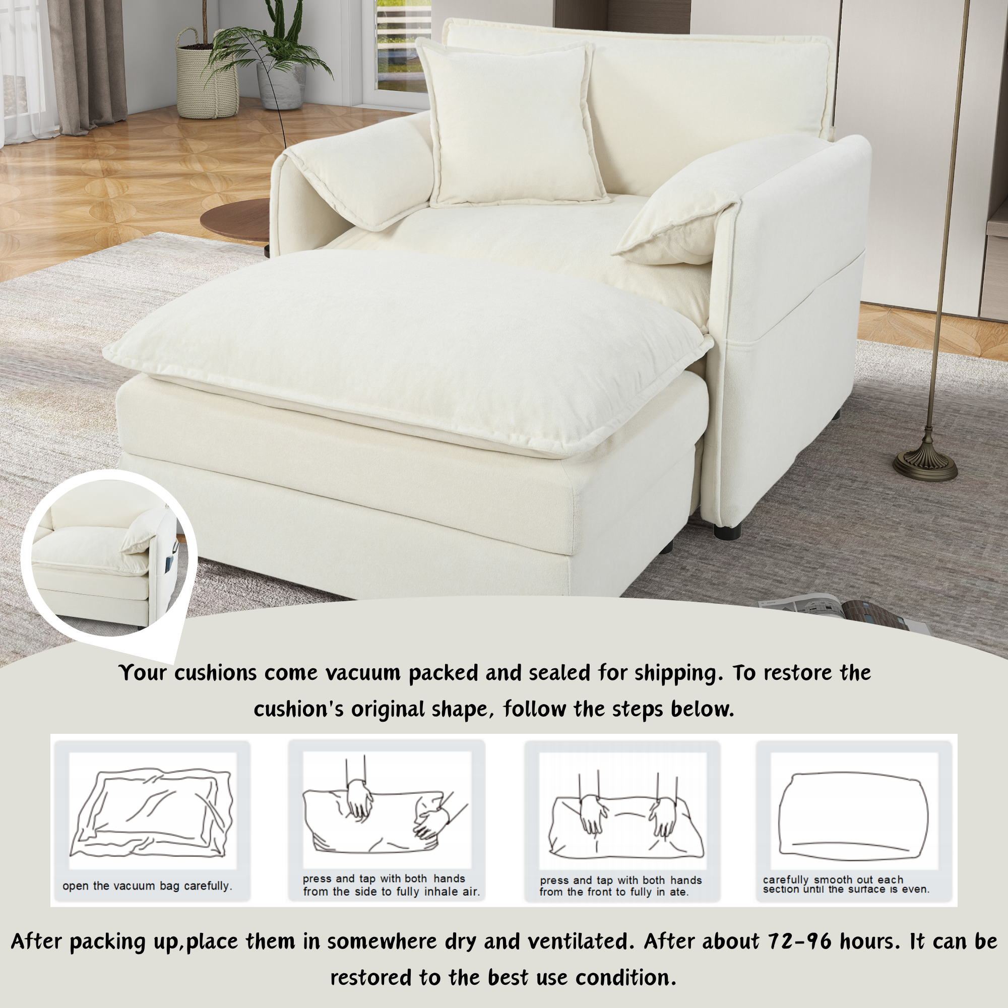(Old:W3163S00001) Oversized 57.48" Recliner Chair with Movable Ottoman - Soft Chenille Upholstered Indoor Lounge Chair for Living Room or Bedroom,DIY Combination,Beige - Image 3