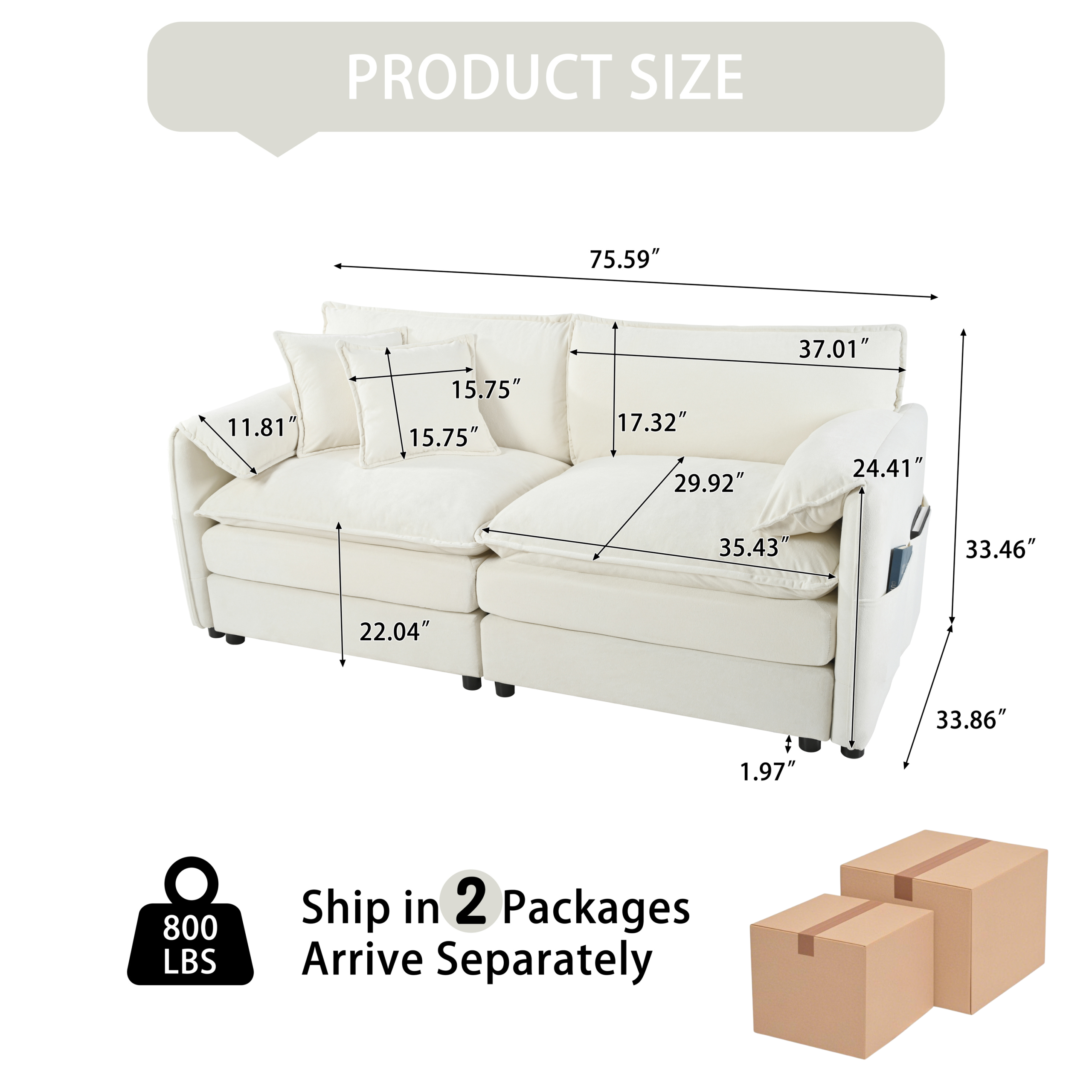 (Old:W3163S00004) Oversized Chenille Loveseat Sofa, Oversized 2-Seater Small Cloud Couch, Modern Comfy Deep Seat Love Seat for Living Room Bedroom Office Apartment,DIY Combination,Chenille,Beige - Image 2
