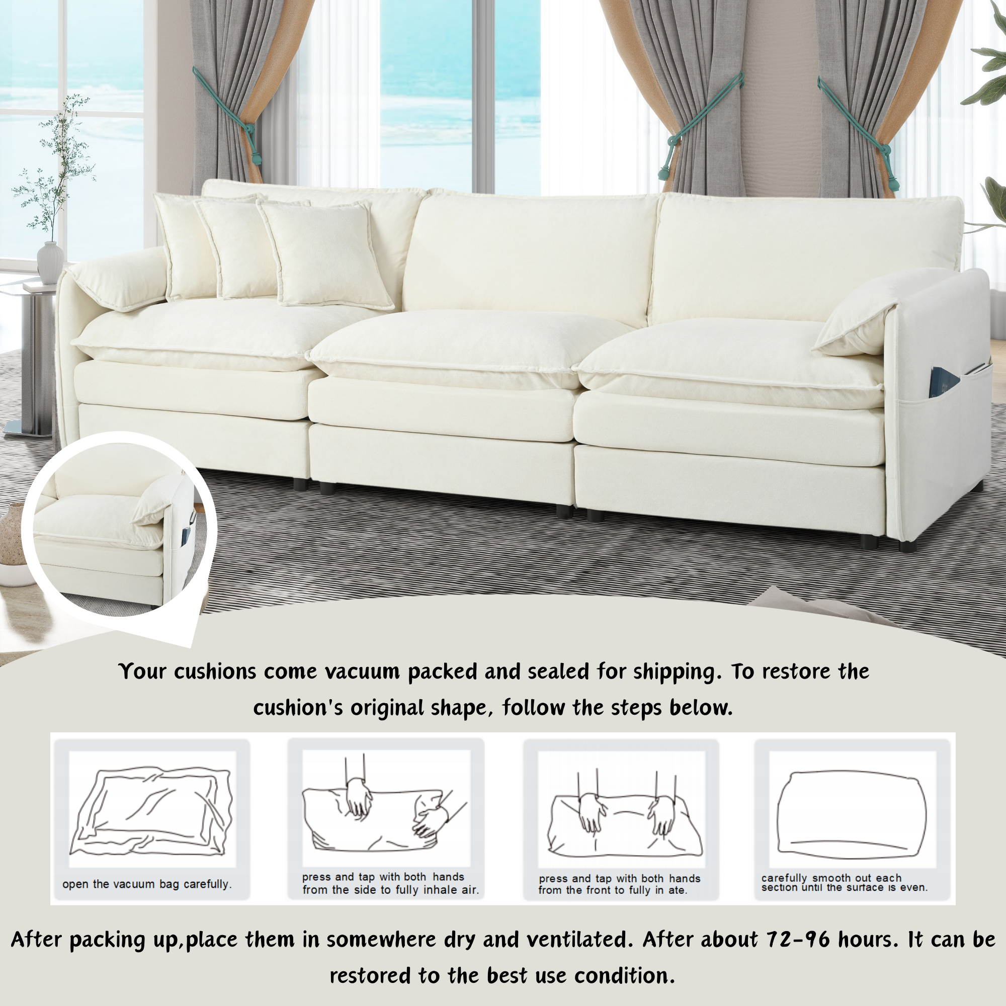 (Old:W3163S00016) Oversized Deep Seat Sectional Sofa, Modern Chenille Cloud Couch, Large 3 Seater Modular Sofa with 3 Pillows for Living Room Bedroom Apartment Office,DIY Combination,Chenille,Beige - Image 3
