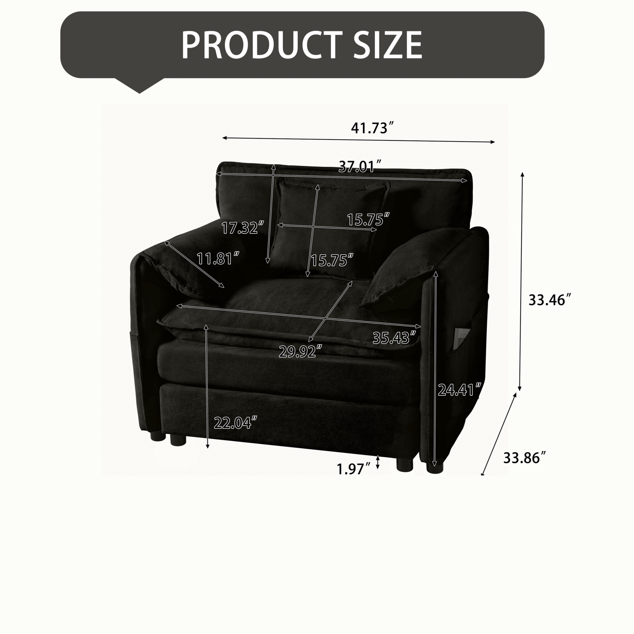 Oversized 41.73" Sofa Chair, Modern Upholstered Armchair with 1 Toss Pillow, Modular Sectional Sofa for Living Room, Deep Seat Reading Sofa for Bedroom Apartment, DIY Combination Chenille,Black - Image 2