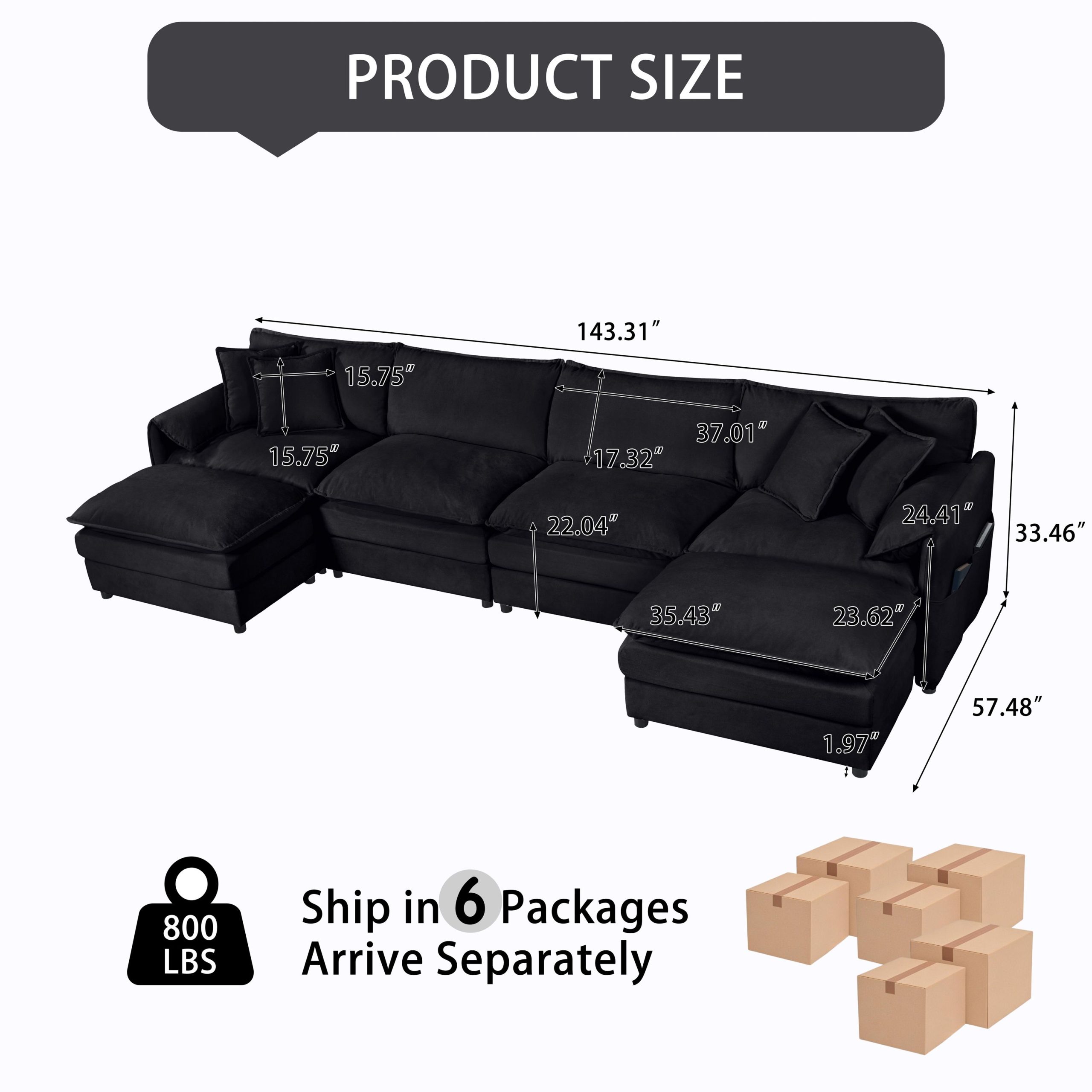 Modular Sectional Sofa, Oversized Deep Seat U Shaped Couch Set for Living Room, 4-Seater Comfy Cloud Couches with Two Movable Ottomans, DIY Combination, Chenille,Black - Image 6