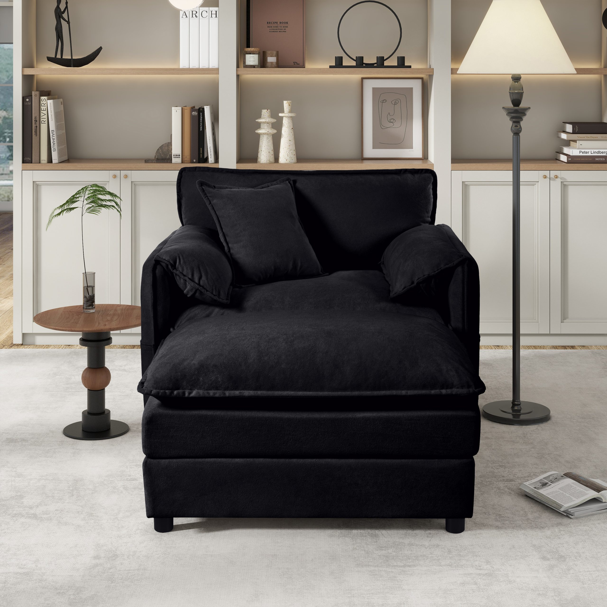 Oversized 57.48" Recliner Chair with Movable Ottoman - Soft Chenille Upholstered Indoor Lounge Chair for Living Room or Bedroom,DIY Combination,Black - Image 2