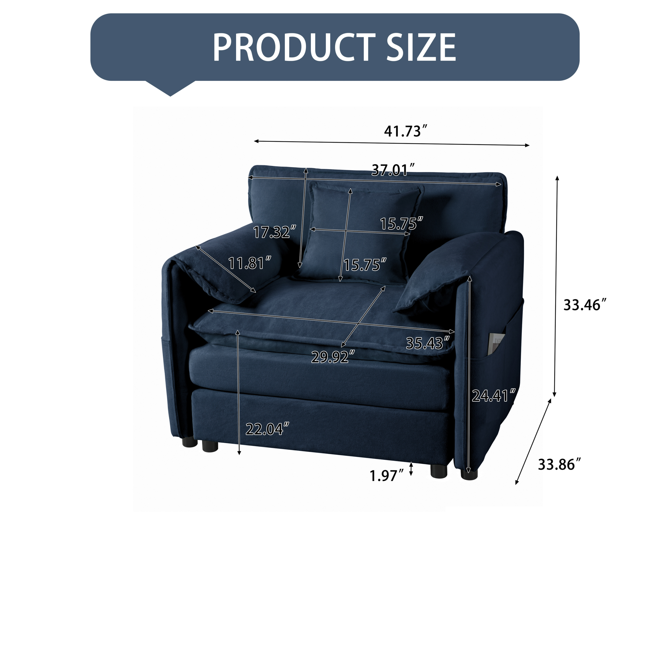 Oversized 41.73" Sofa Chair, Modern Upholstered Armchair with 1 Toss Pillow, Modular Sectional Sofa for Living Room, Deep Seat Reading Sofa for Bedroom Apartment, DIY Combination Chenille,Blue - Image 2