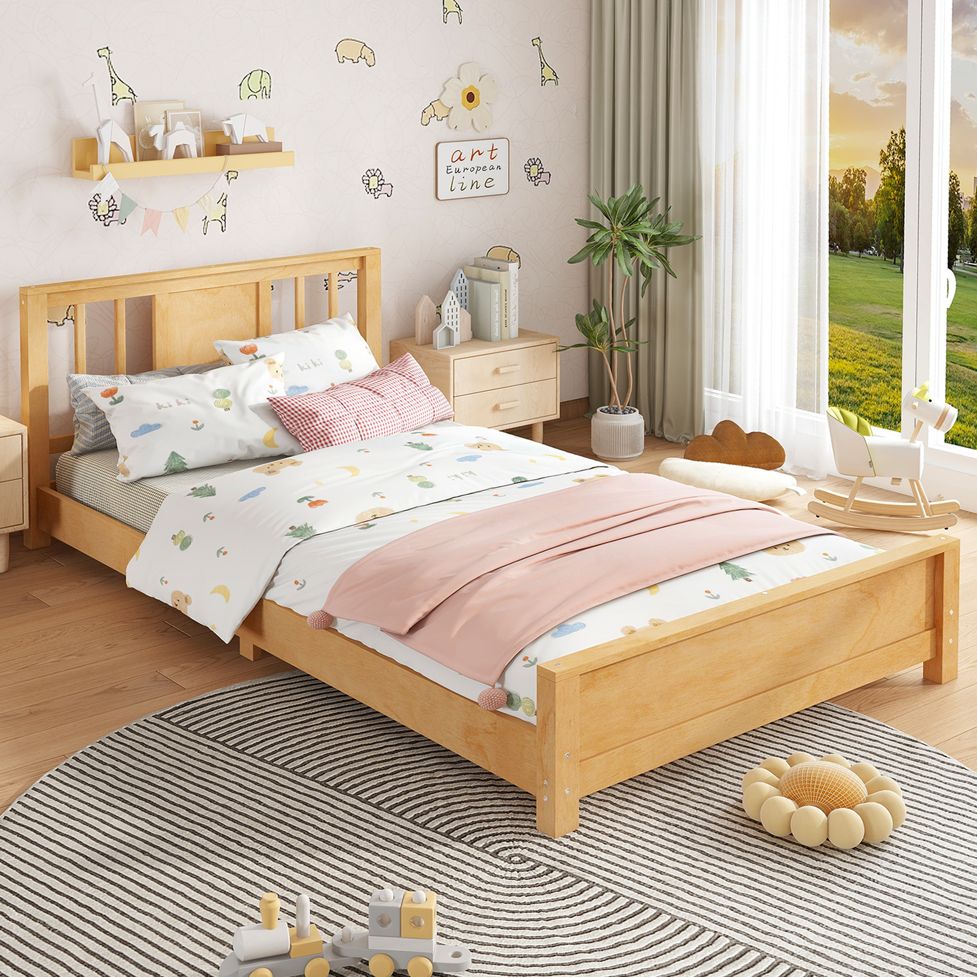 Twin Size Platform Bed Frame with Headboard, Solid Wood Low Profile Platform Bed Frame, Floor Bed with Support Slats, Natural - Image 2