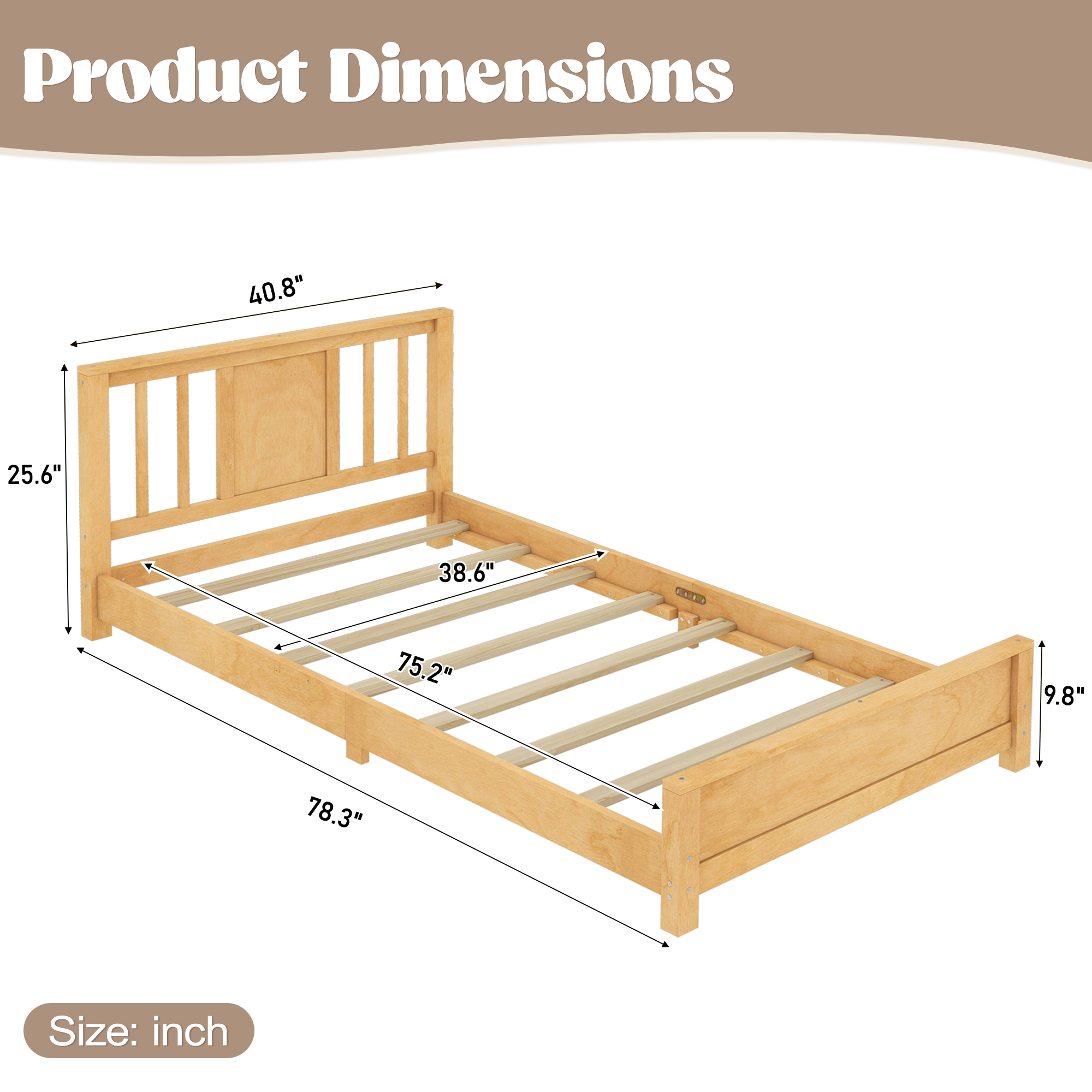 Twin Size Platform Bed Frame with Headboard, Solid Wood Low Profile Platform Bed Frame, Floor Bed with Support Slats, Natural - Image 4