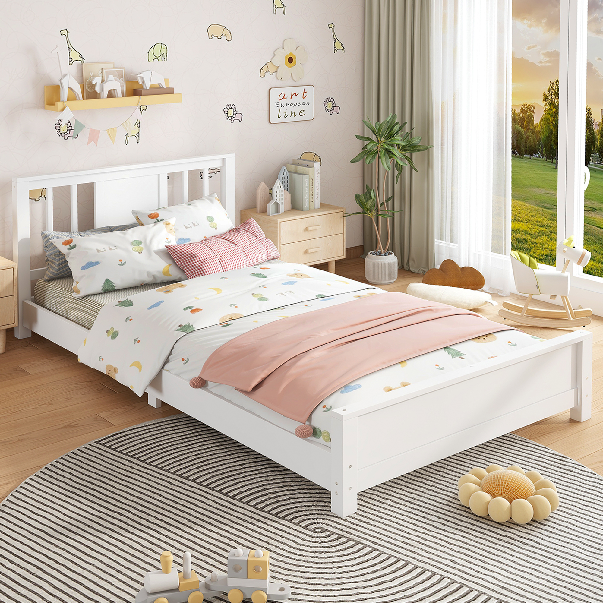Twin Size Platform Bed Frame with Headboard, Solid Wood Low Profile Platform Bed Frame, Floor Bed with Support Slats, White - Image 2