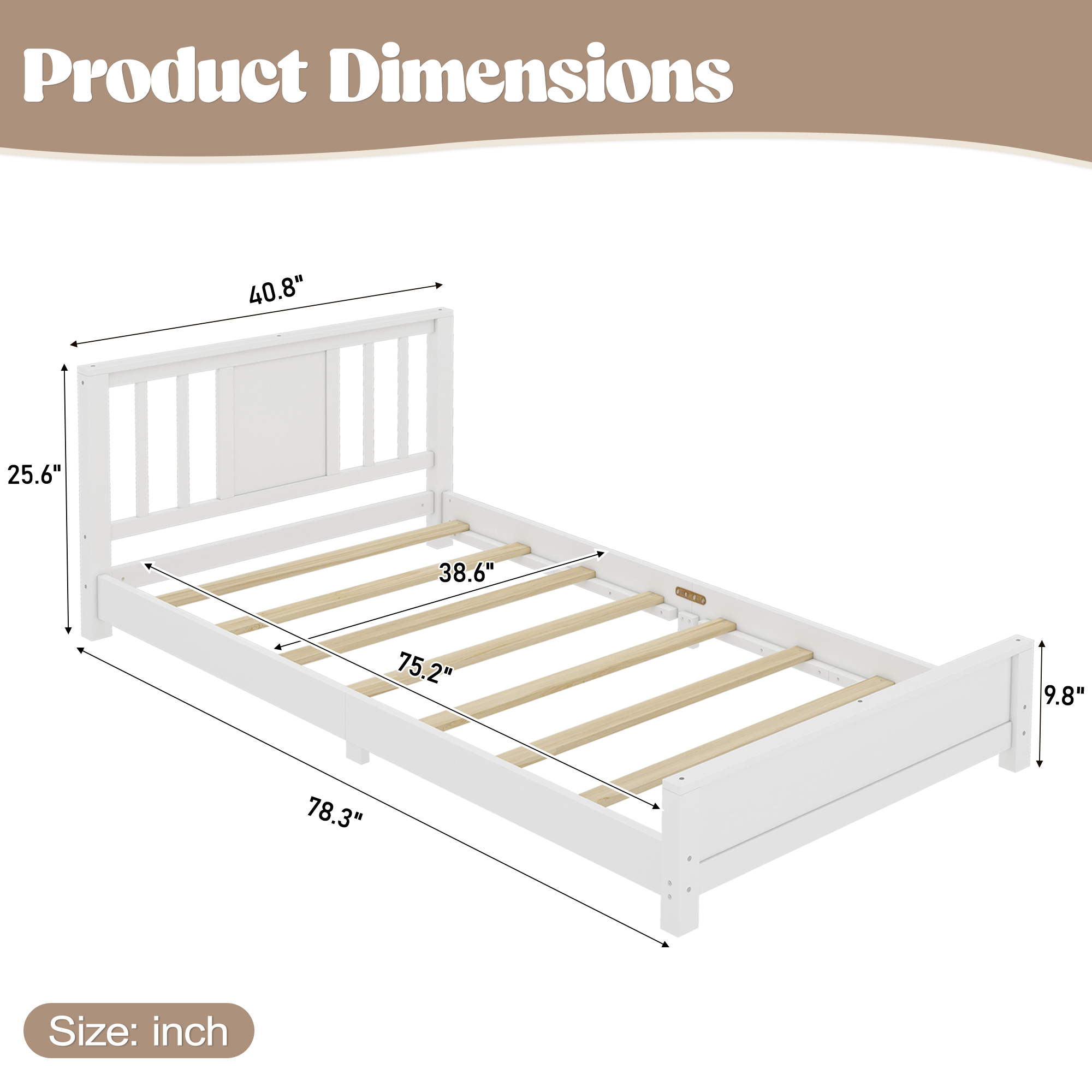 Twin Size Platform Bed Frame with Headboard, Solid Wood Low Profile Platform Bed Frame, Floor Bed with Support Slats, White - Image 4