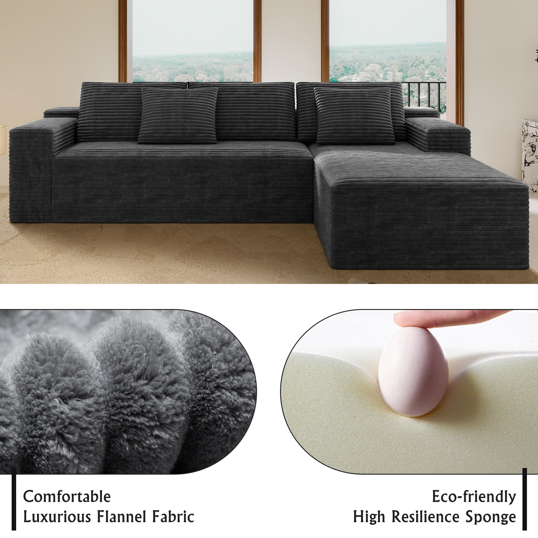 104.3*68.9"Modular sectional sofa seat,Upholstered compressed couch for living room,Bedroom,Apartment,No assembly required,2PC free combination,Plush corduroy fabric,GREY - Image 6