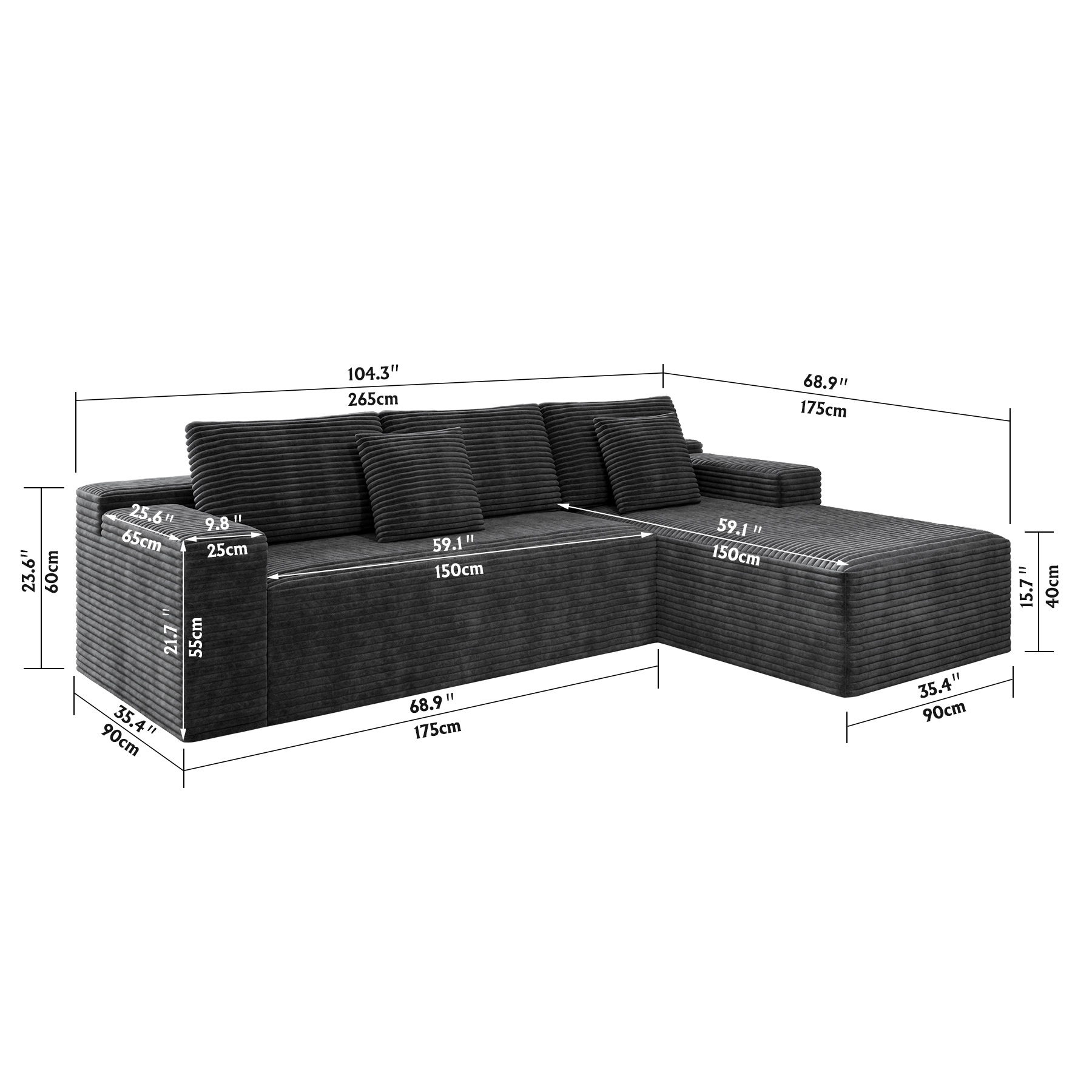 104.3*68.9"Modular sectional sofa seat,Upholstered compressed couch for living room,Bedroom,Apartment,No assembly required,2PC free combination,Plush corduroy fabric,GREY - Image 5