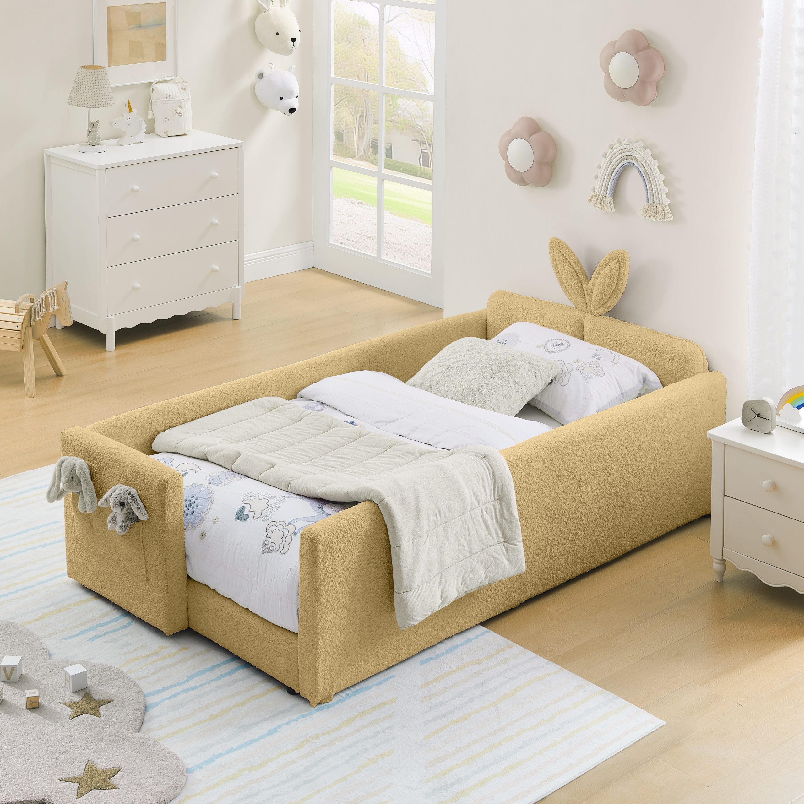 Twin Size Upholstered Platform Bed with Cute Rabbit Ear Shaped Headboard, with Safety Rail and Pocket, Boucle Fabric - Image 1