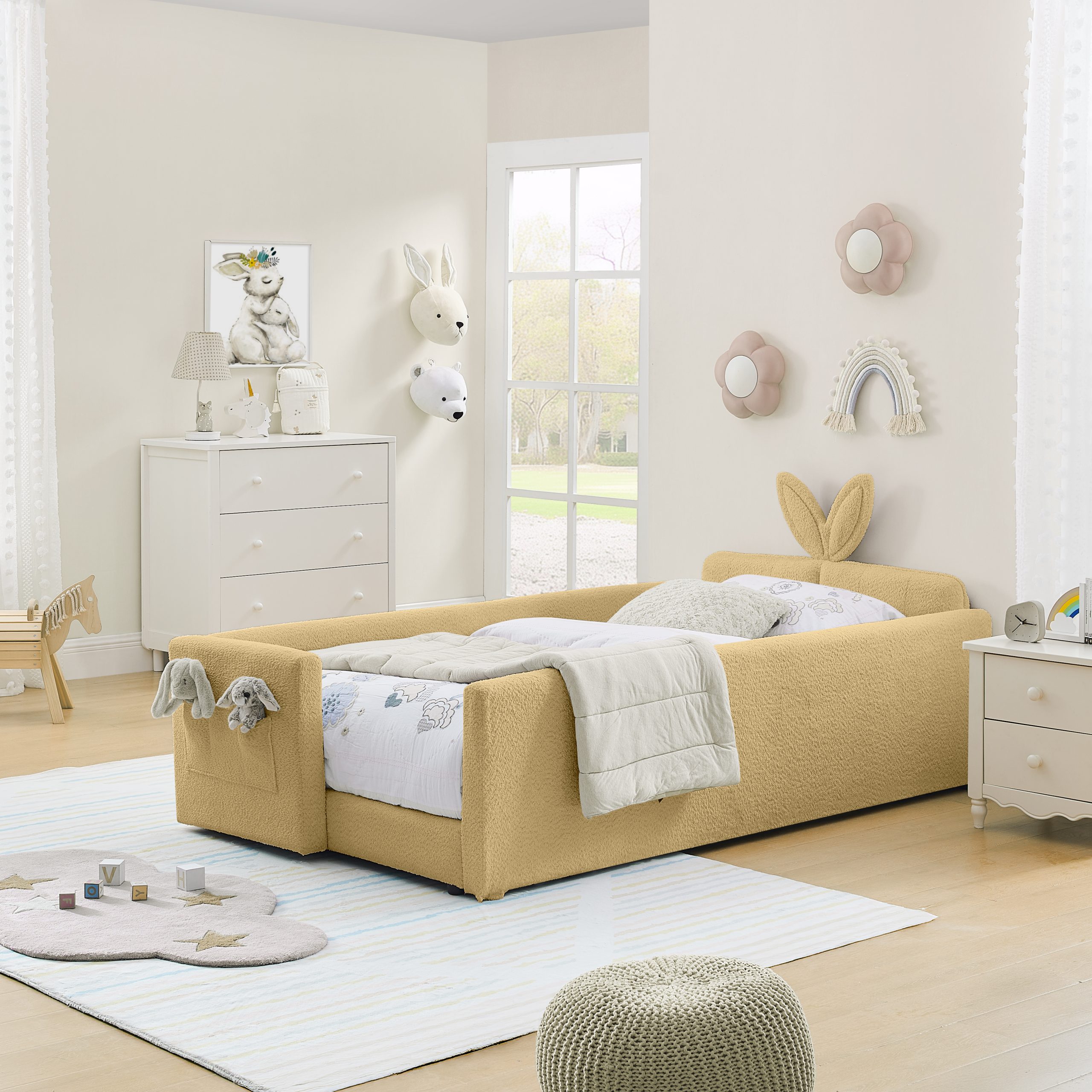 Twin Size Upholstered Platform Bed with Cute Rabbit Ear Shaped Headboard, with Safety Rail and Pocket, Boucle Fabric - Image 2
