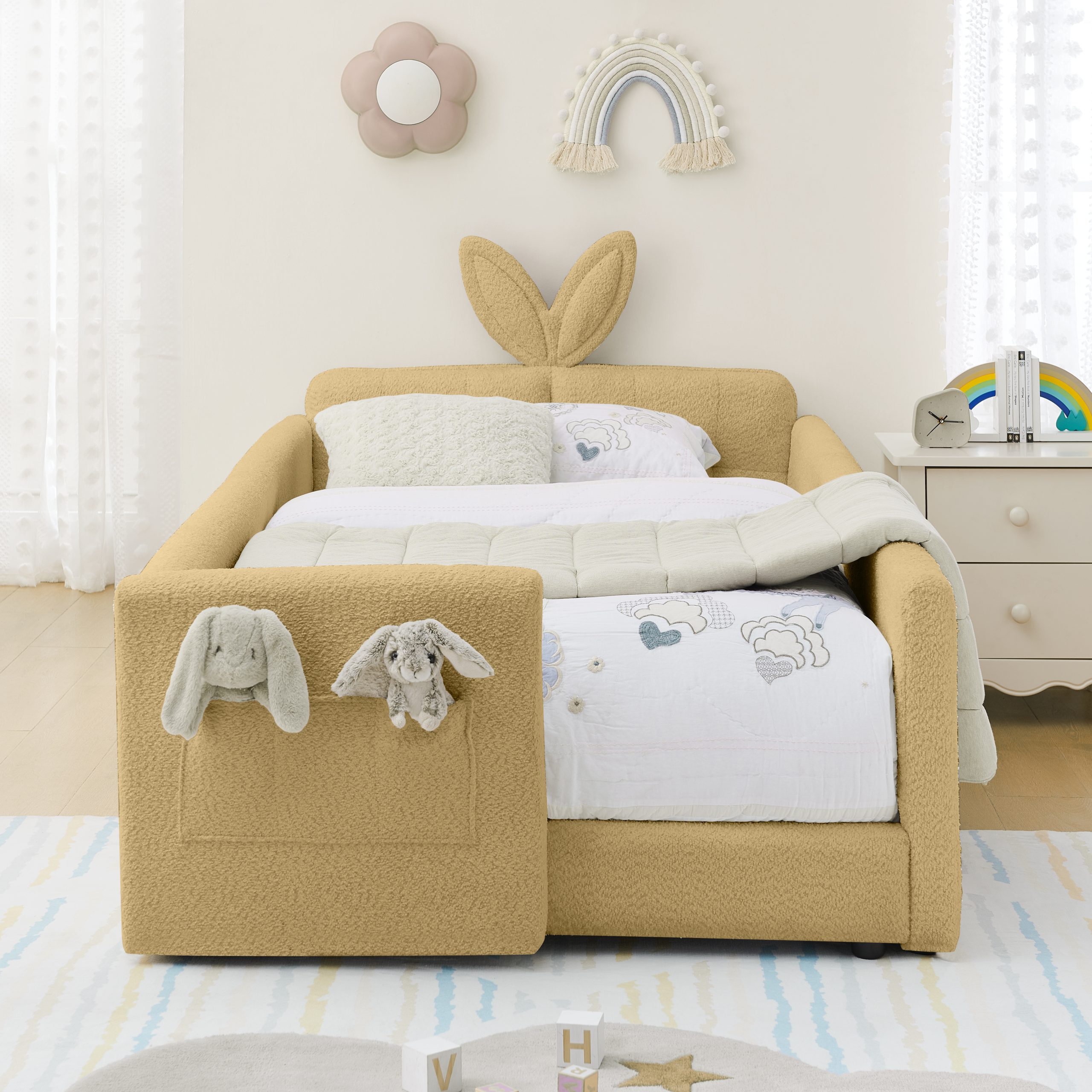 Twin Size Upholstered Platform Bed with Cute Rabbit Ear Shaped Headboard, with Safety Rail and Pocket, Boucle Fabric - Image 3