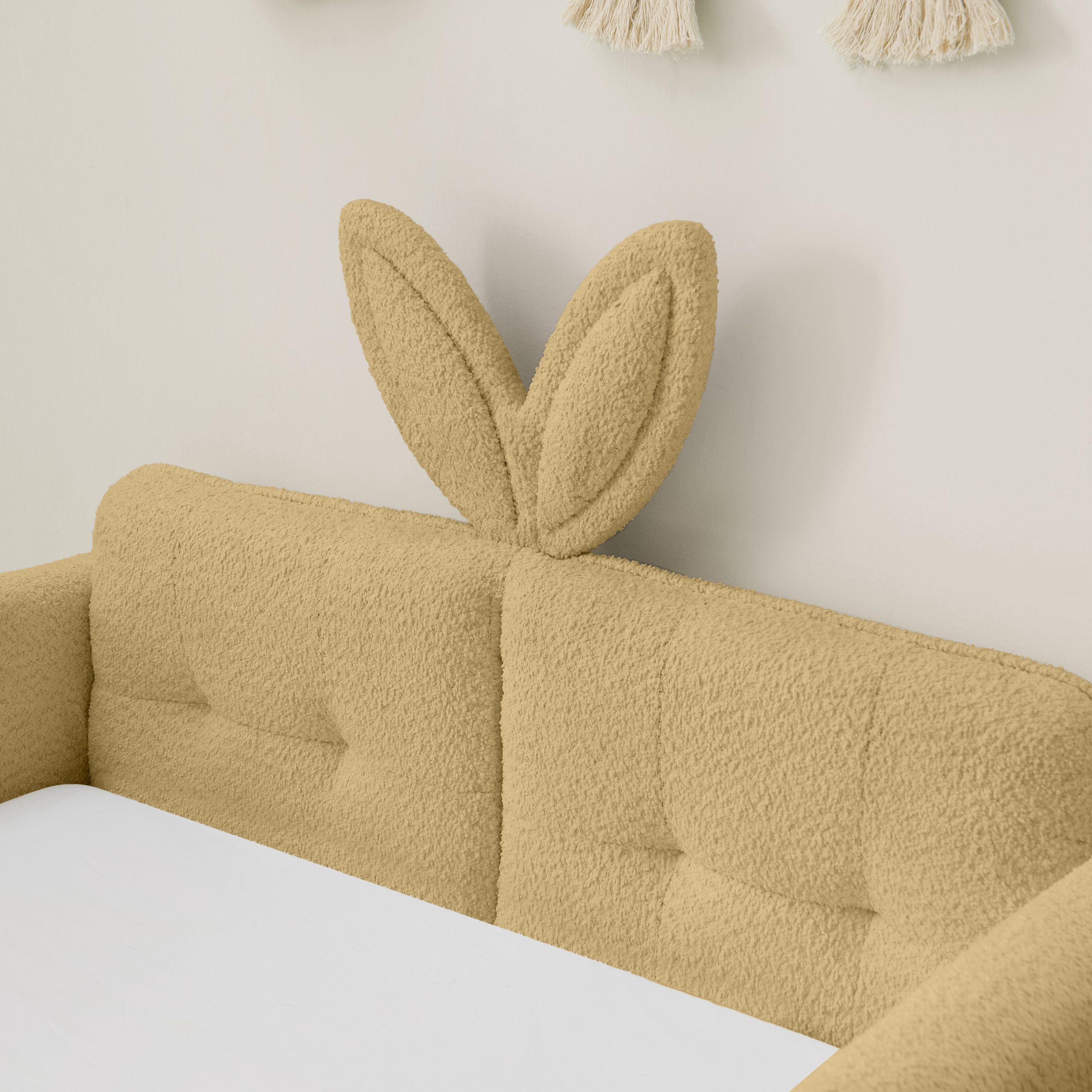 Twin Size Upholstered Platform Bed with Cute Rabbit Ear Shaped Headboard, with Safety Rail and Pocket, Boucle Fabric - Image 4