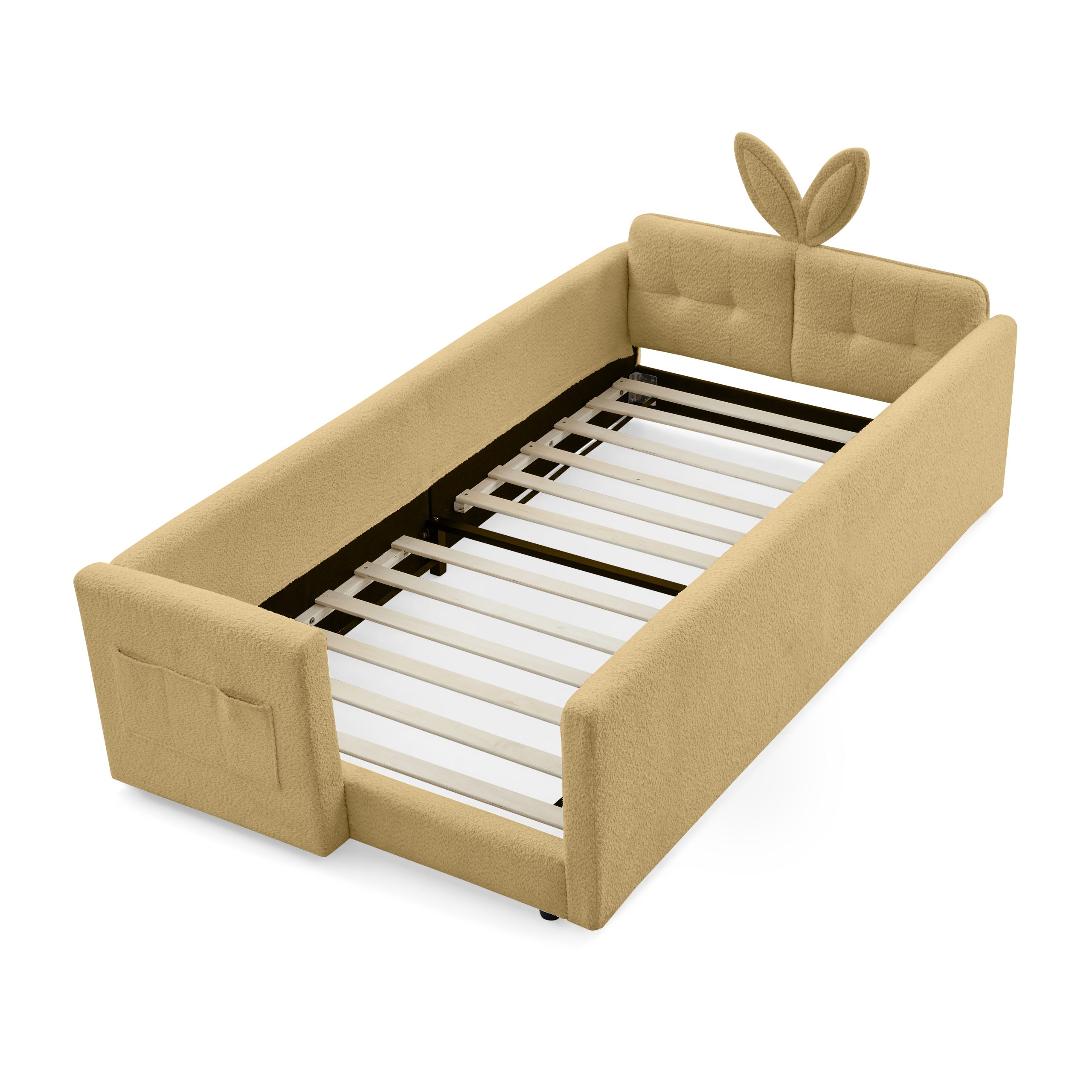 Twin Size Upholstered Platform Bed with Cute Rabbit Ear Shaped Headboard, with Safety Rail and Pocket, Boucle Fabric - Image 5