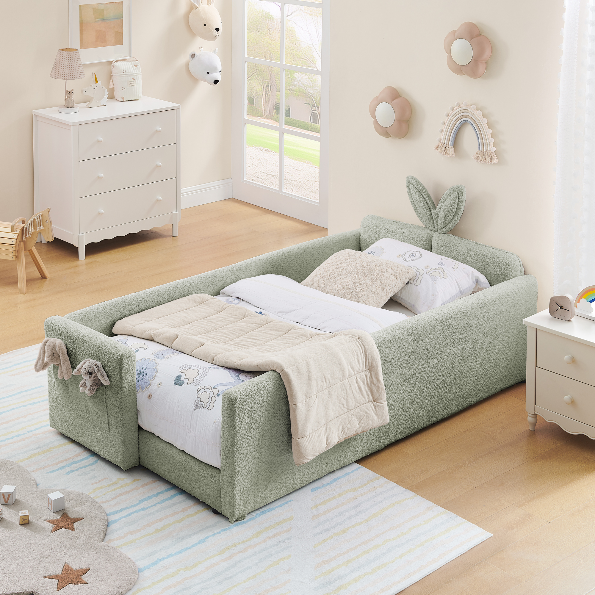 Twin Size Upholstered Platform Bed with Cute Rabbit Ear Shaped Headboard, with Safety Rail and Pocket, Boucle Fabric - Image 1