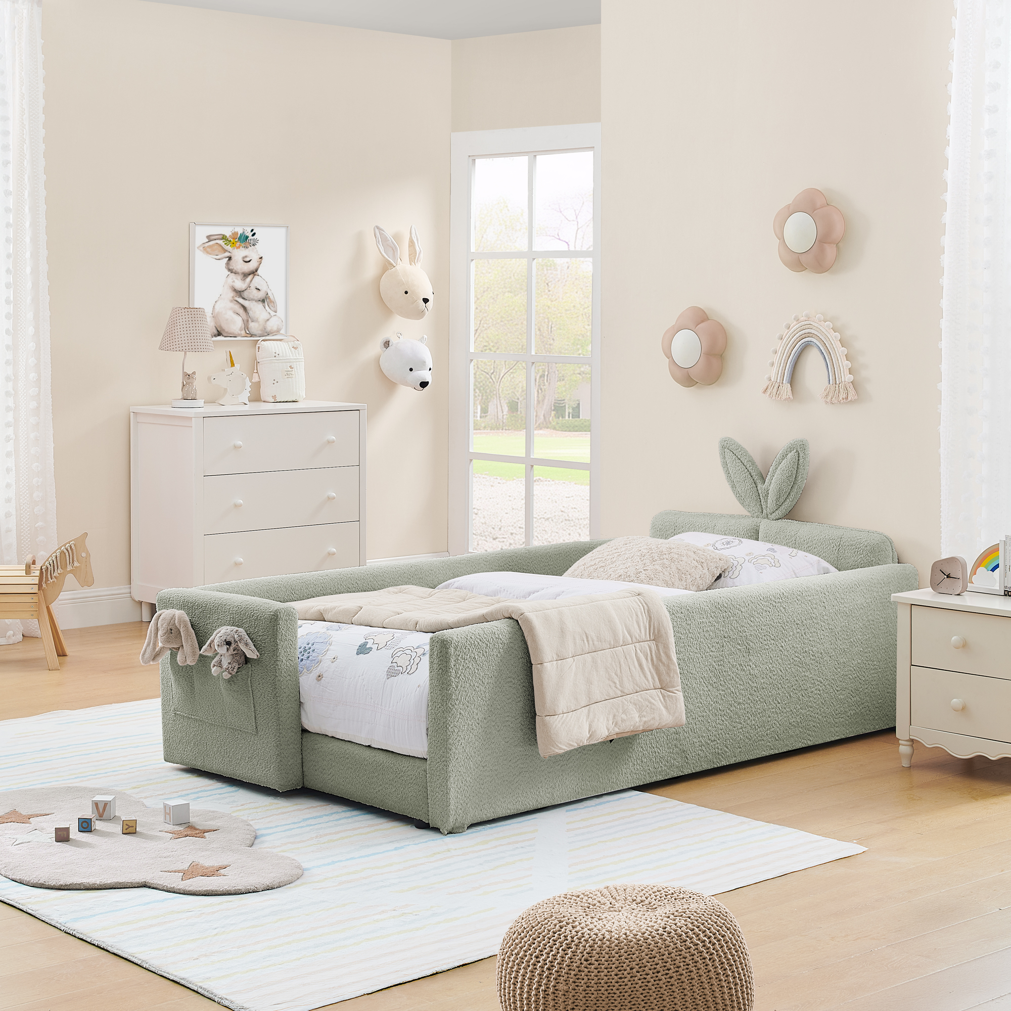 Twin Size Upholstered Platform Bed with Cute Rabbit Ear Shaped Headboard, with Safety Rail and Pocket, Boucle Fabric - Image 2