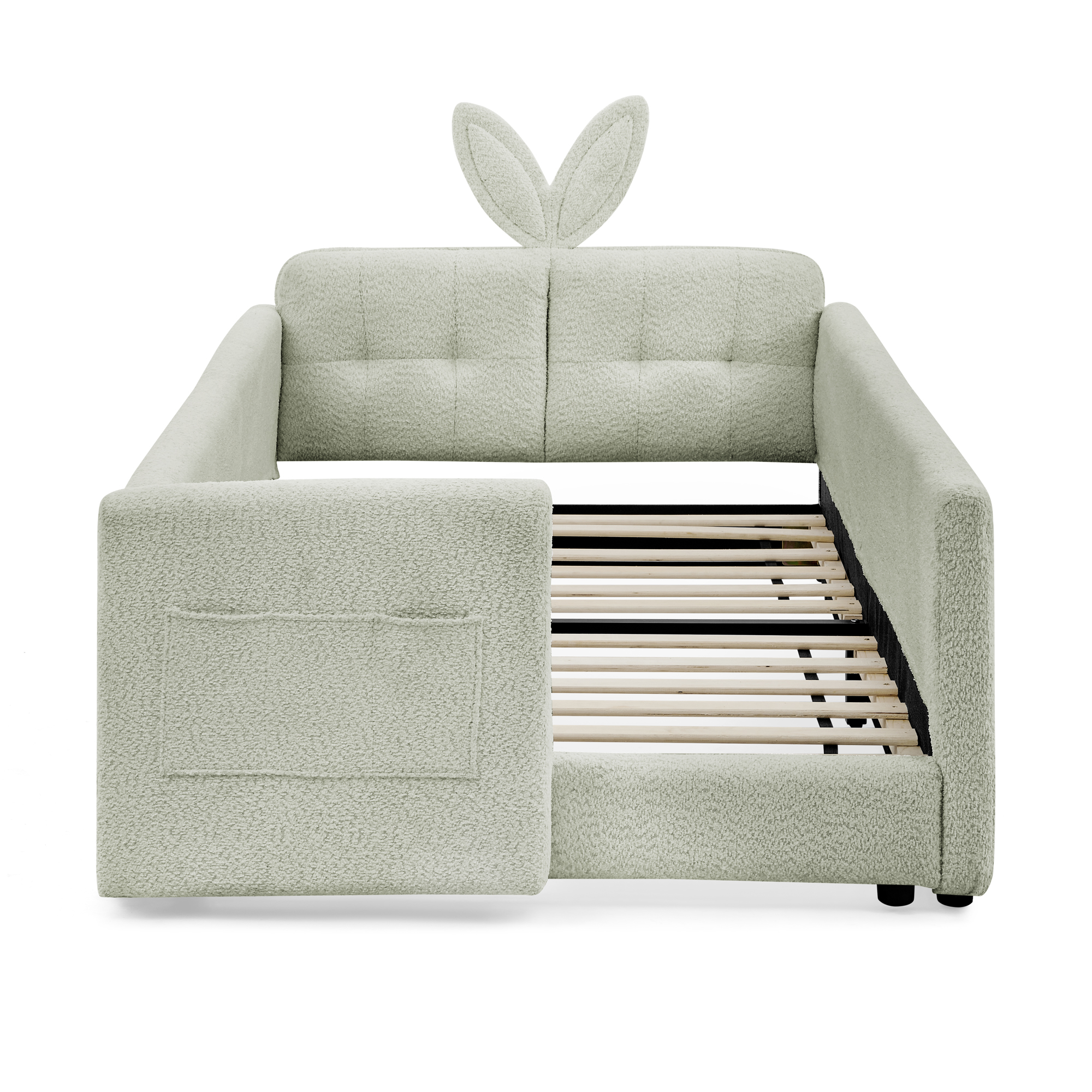 Twin Size Upholstered Platform Bed with Cute Rabbit Ear Shaped Headboard, with Safety Rail and Pocket, Boucle Fabric - Image 4