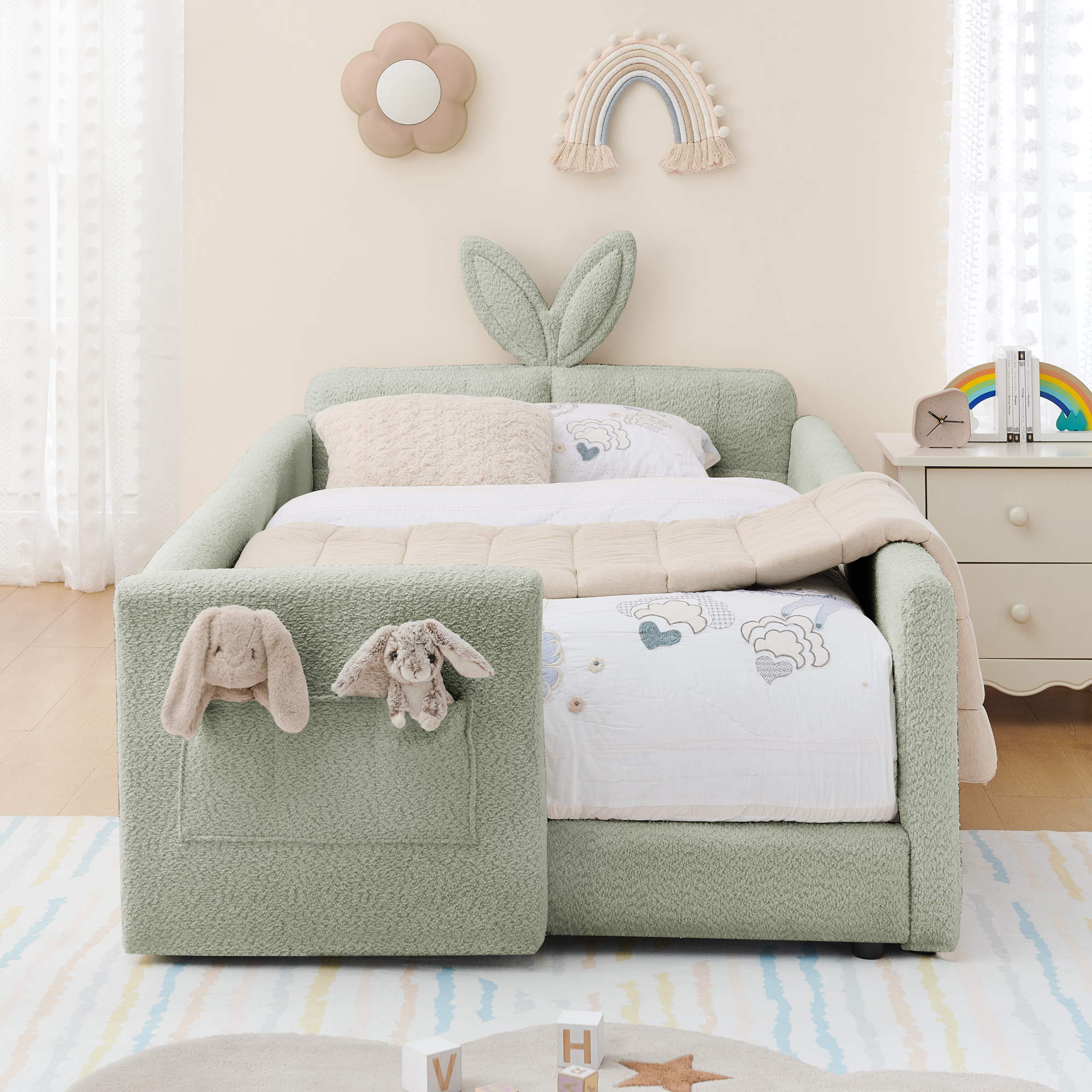 Twin Size Upholstered Platform Bed with Cute Rabbit Ear Shaped Headboard, with Safety Rail and Pocket, Boucle Fabric - Image 3