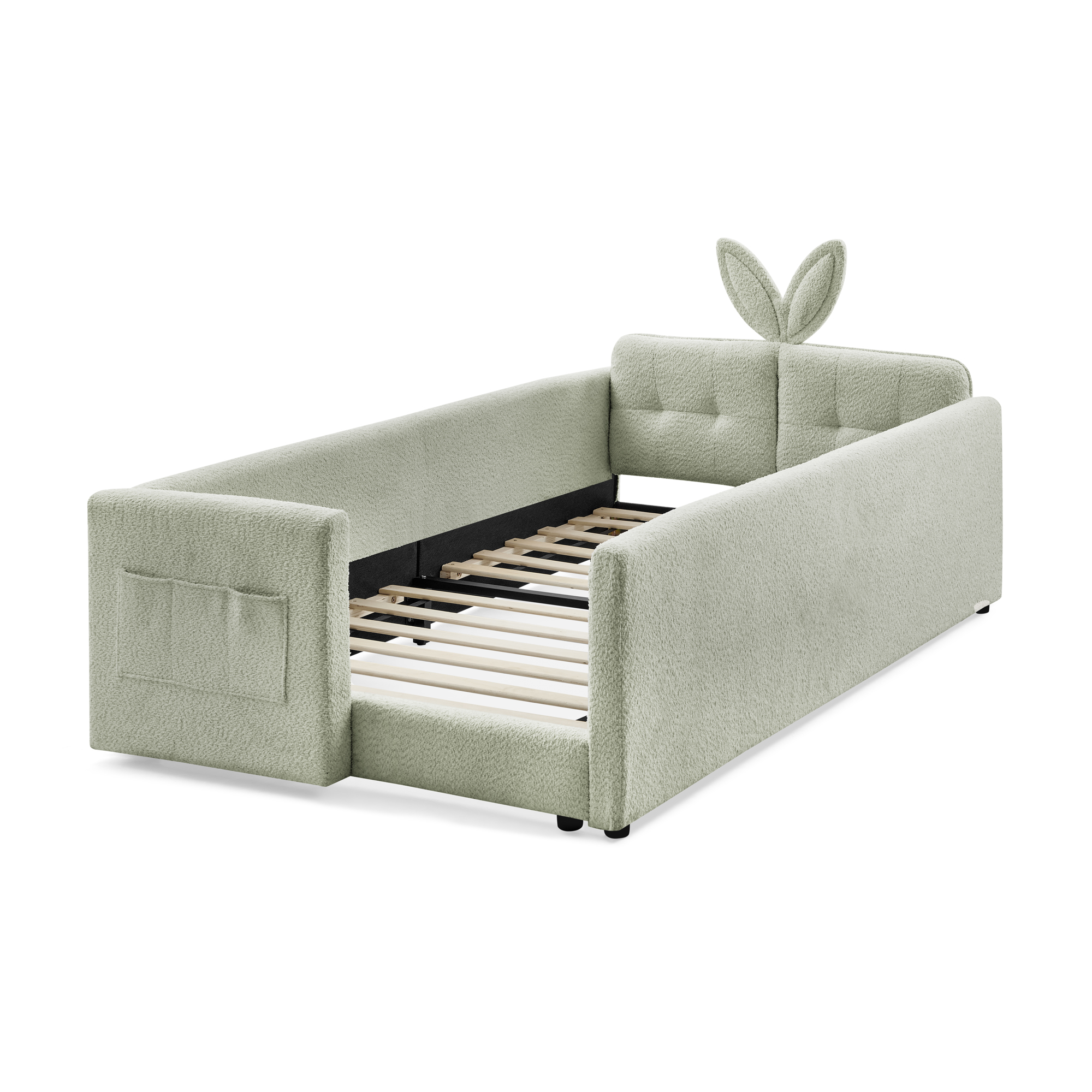 Twin Size Upholstered Platform Bed with Cute Rabbit Ear Shaped Headboard, with Safety Rail and Pocket, Boucle Fabric - Image 5