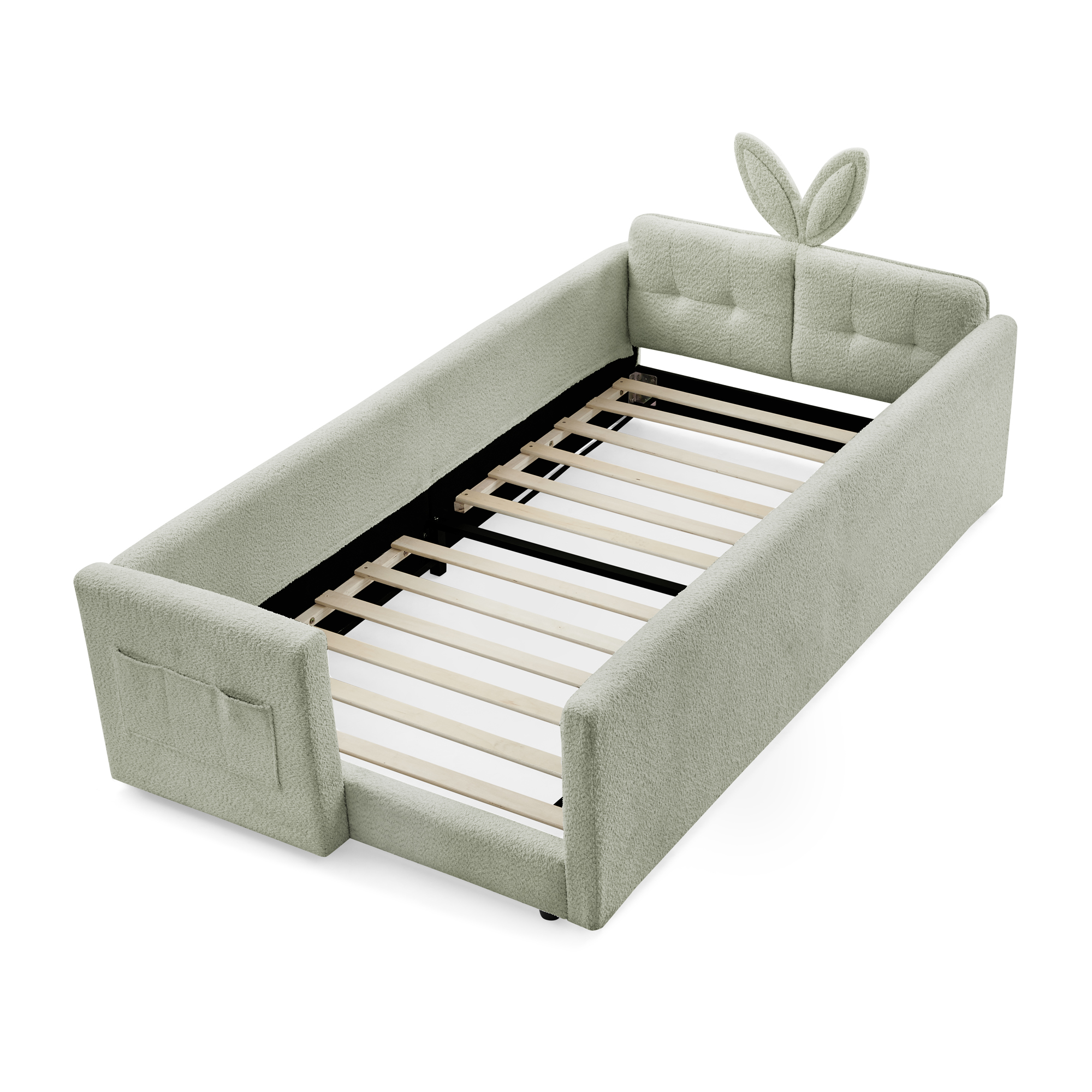Twin Size Upholstered Platform Bed with Cute Rabbit Ear Shaped Headboard, with Safety Rail and Pocket, Boucle Fabric - Image 6