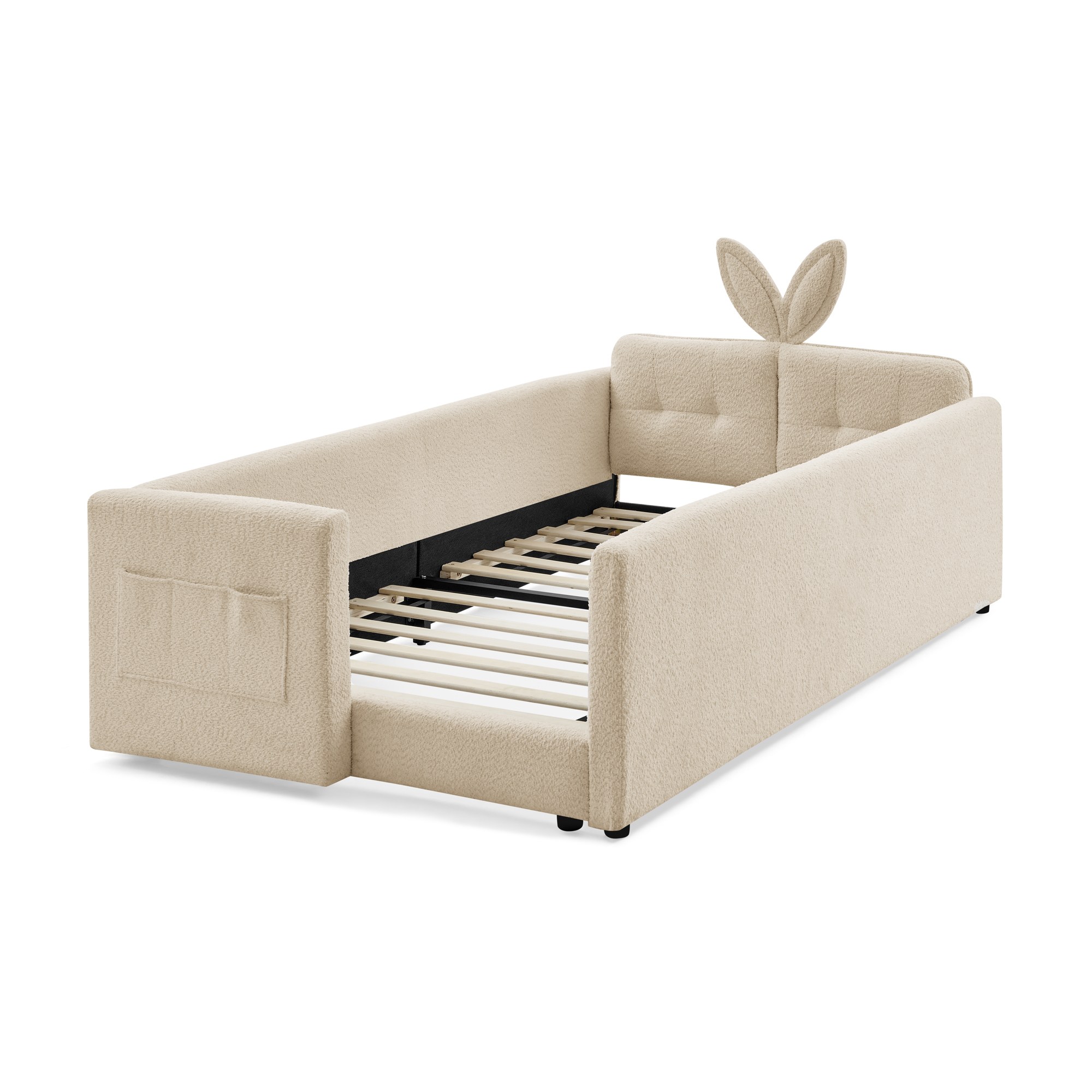 Twin Size Upholstered Platform Bed with Cute Rabbit Ear Shaped Headboard, with Safety Rail and Pocket, Boucle Fabric - Image 3