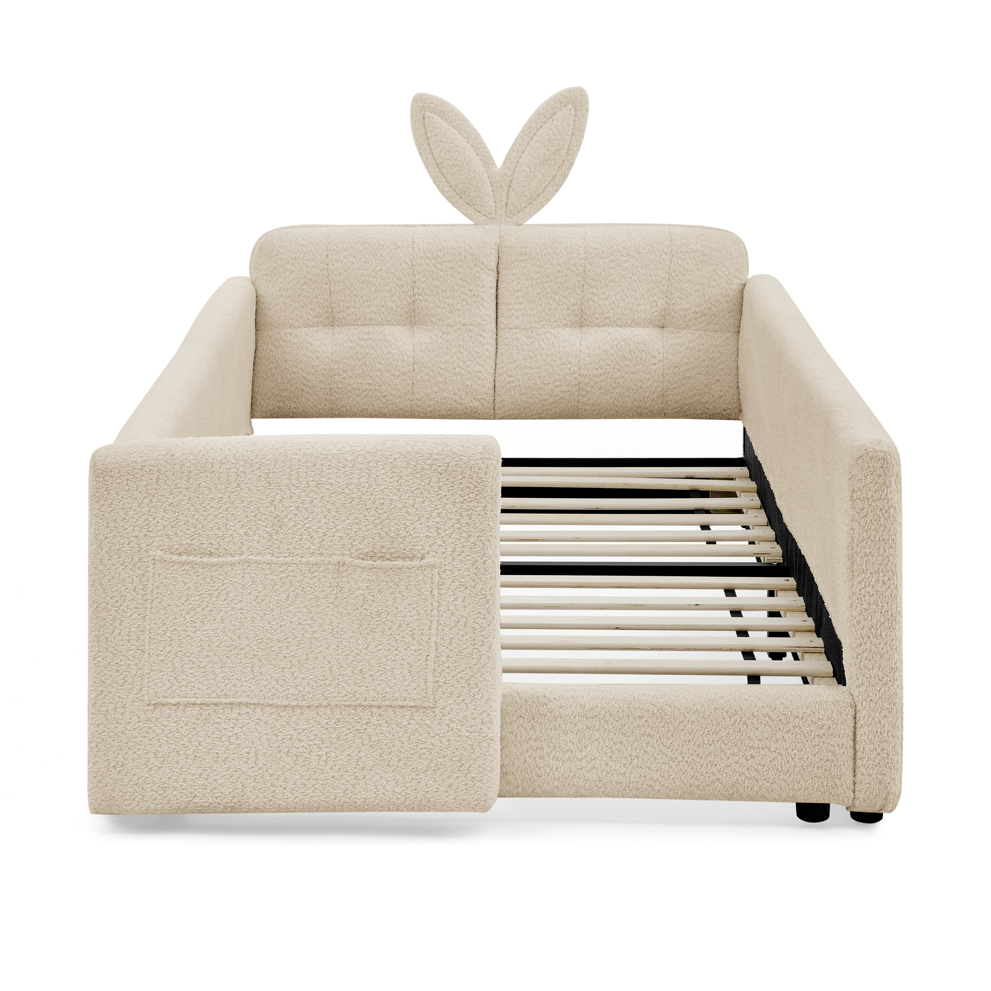 Twin Size Upholstered Platform Bed with Cute Rabbit Ear Shaped Headboard, with Safety Rail and Pocket, Boucle Fabric - Image 4