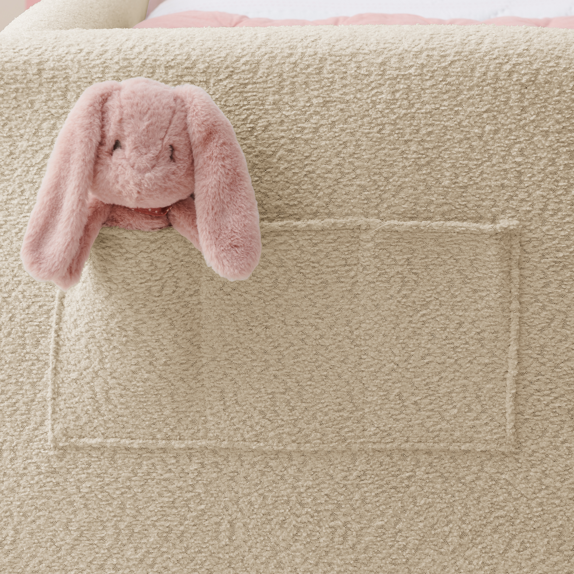 Twin Size Upholstered Platform Bed with Cute Rabbit Ear Shaped Headboard, with Safety Rail and Pocket, Boucle Fabric - Image 5