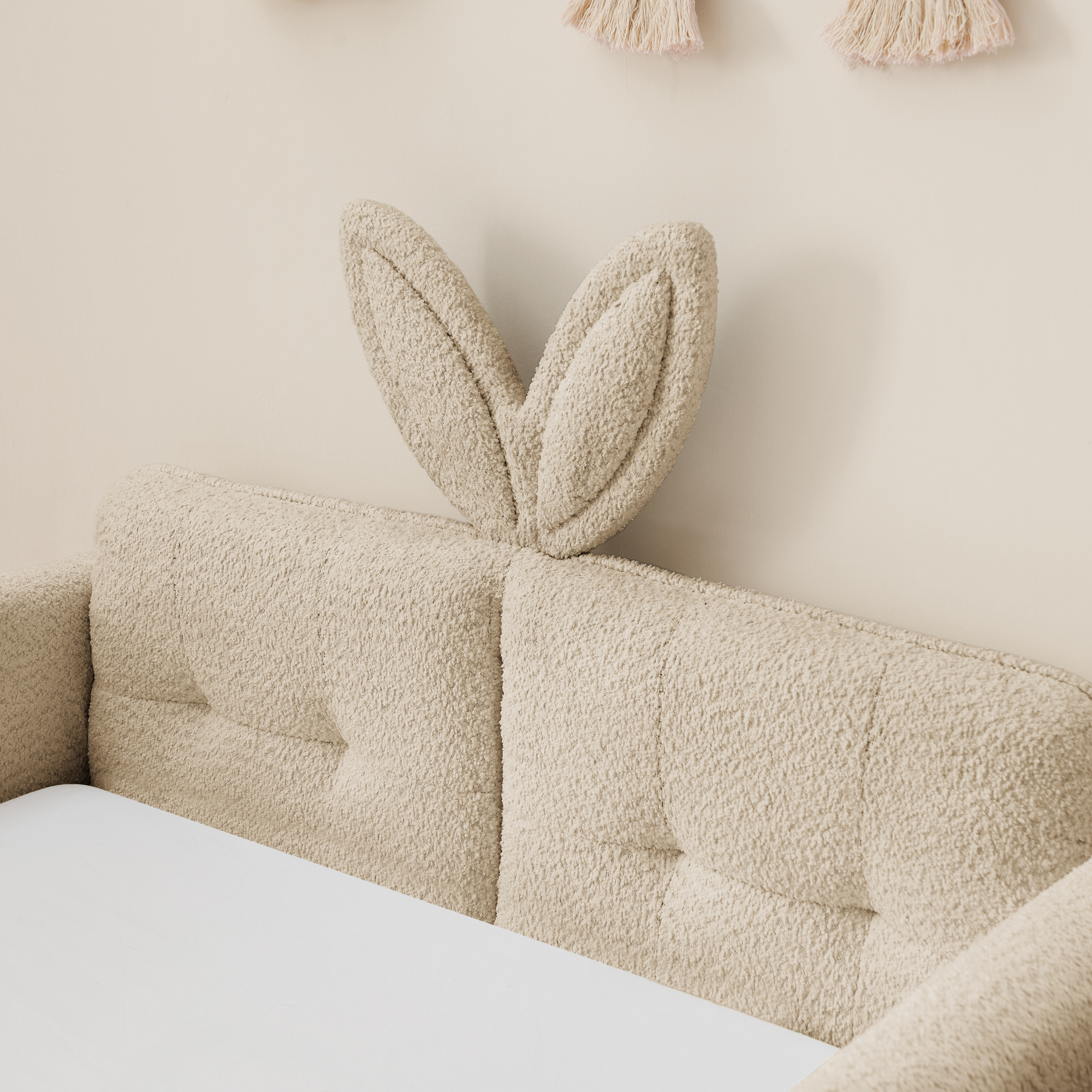 Twin Size Upholstered Platform Bed with Cute Rabbit Ear Shaped Headboard, with Safety Rail and Pocket, Boucle Fabric - Image 6