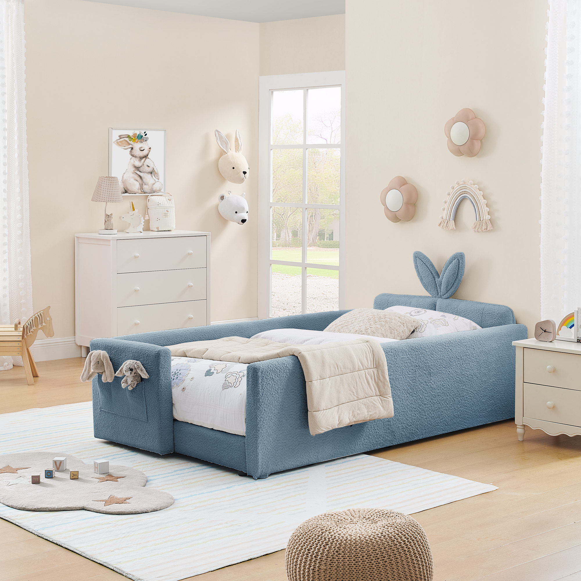 Twin Size Upholstered Platform Bed with Cute Rabbit Ear Shaped Headboard, with Safety Rail and Pocket, Boucle Fabric - Image 2
