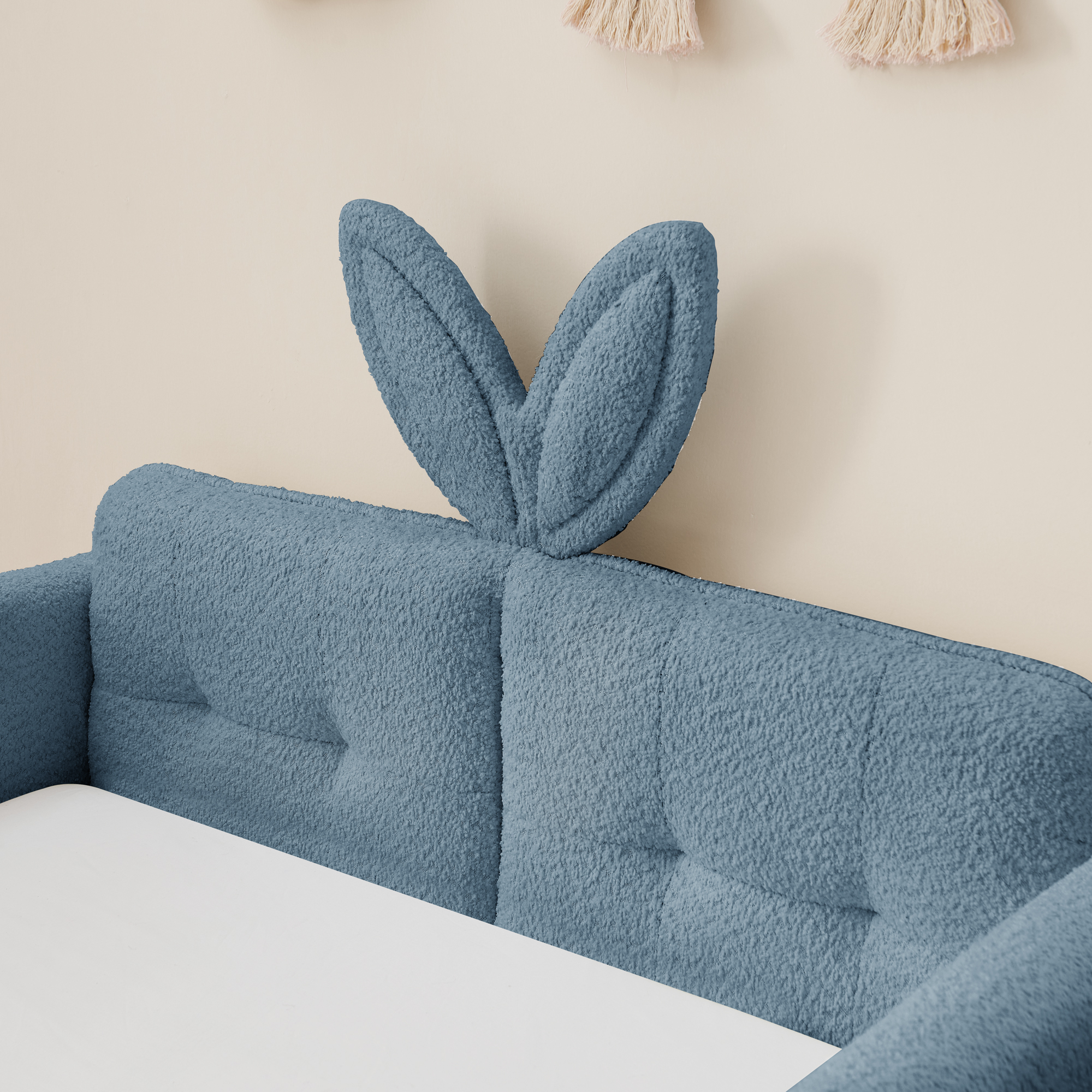 Twin Size Upholstered Platform Bed with Cute Rabbit Ear Shaped Headboard, with Safety Rail and Pocket, Boucle Fabric - Image 3