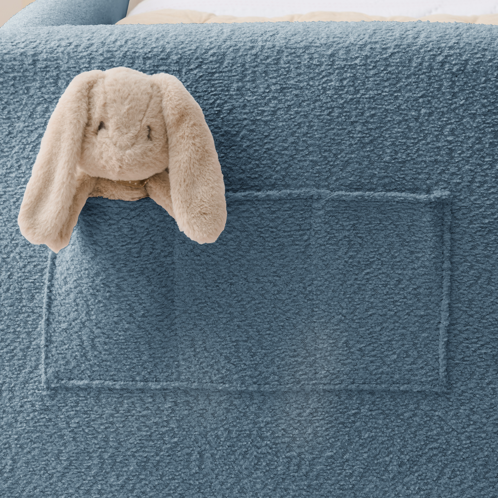 Twin Size Upholstered Platform Bed with Cute Rabbit Ear Shaped Headboard, with Safety Rail and Pocket, Boucle Fabric - Image 4
