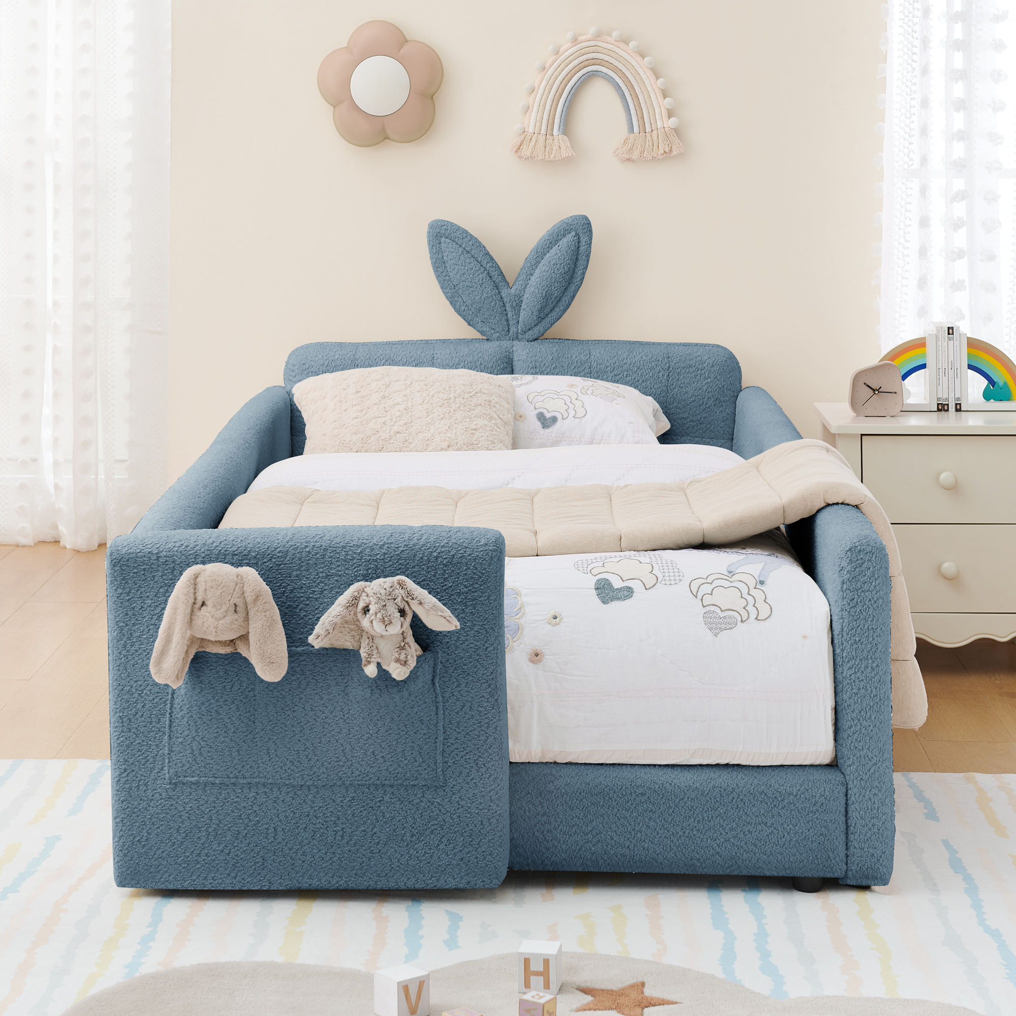 Twin Size Upholstered Platform Bed with Cute Rabbit Ear Shaped Headboard, with Safety Rail and Pocket, Boucle Fabric - Image 6