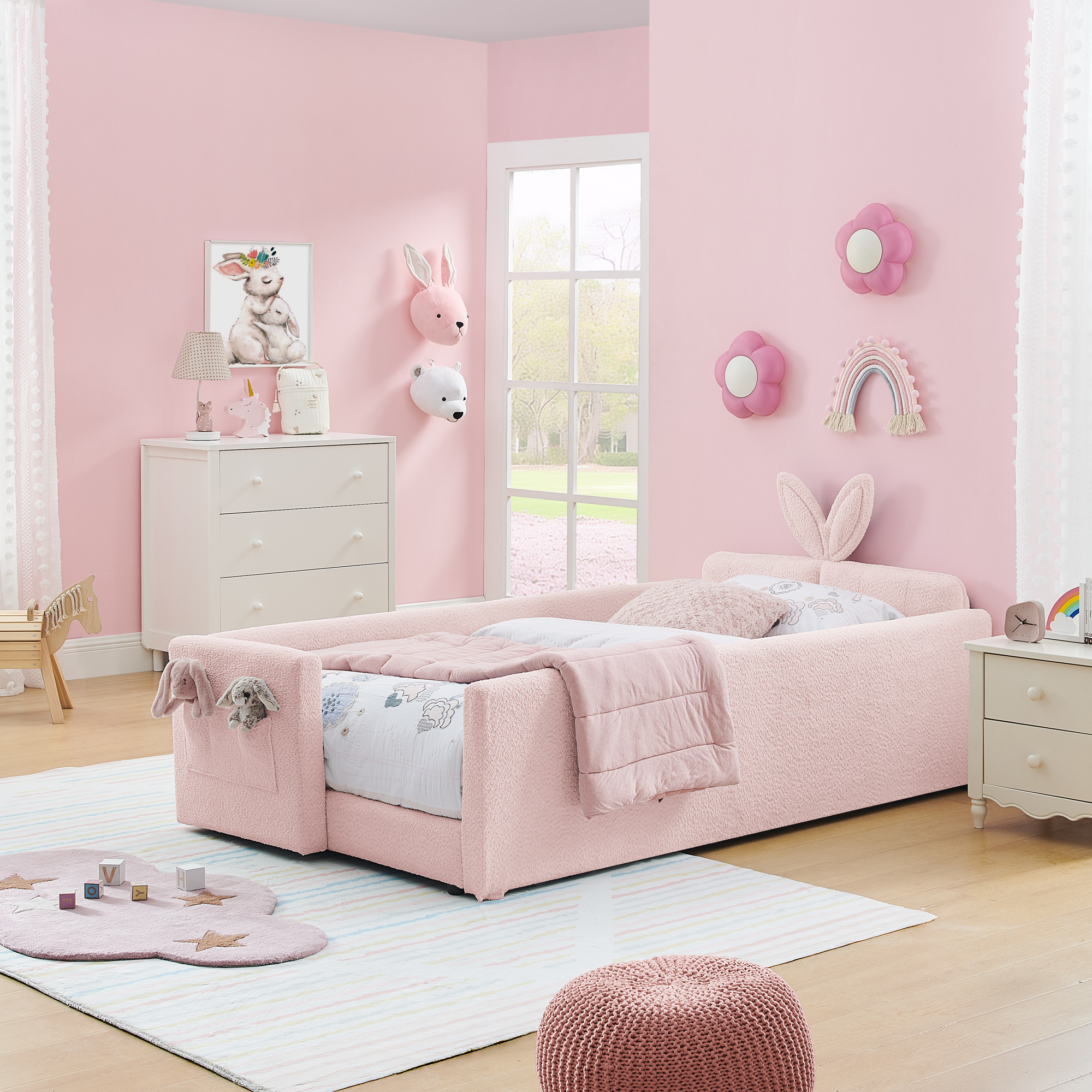 Twin Size Upholstered Platform Bed with Cute Rabbit Ear Shaped Headboard, with Safety Rail and Pocket, Boucle Fabric, Pink - Image 1