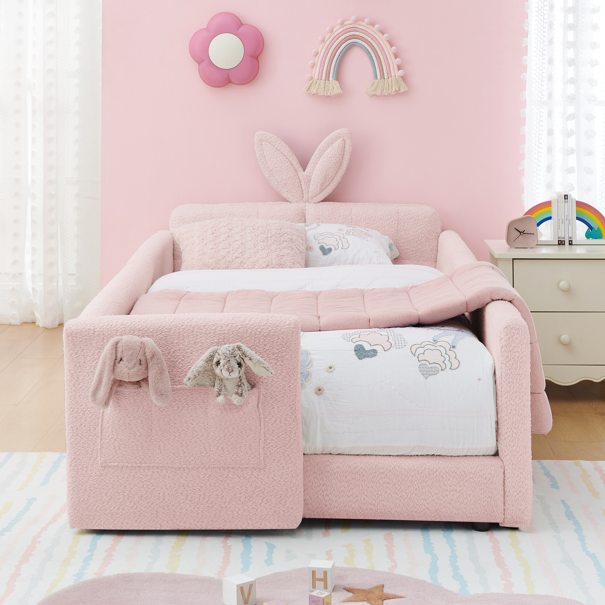 Twin Size Upholstered Platform Bed with Cute Rabbit Ear Shaped Headboard, with Safety Rail and Pocket, Boucle Fabric, Pink - Image 2