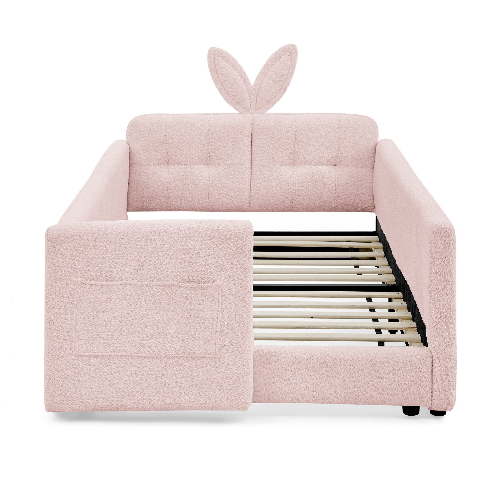 Twin Size Upholstered Platform Bed with Cute Rabbit Ear Shaped Headboard, with Safety Rail and Pocket, Boucle Fabric, Pink - Image 3