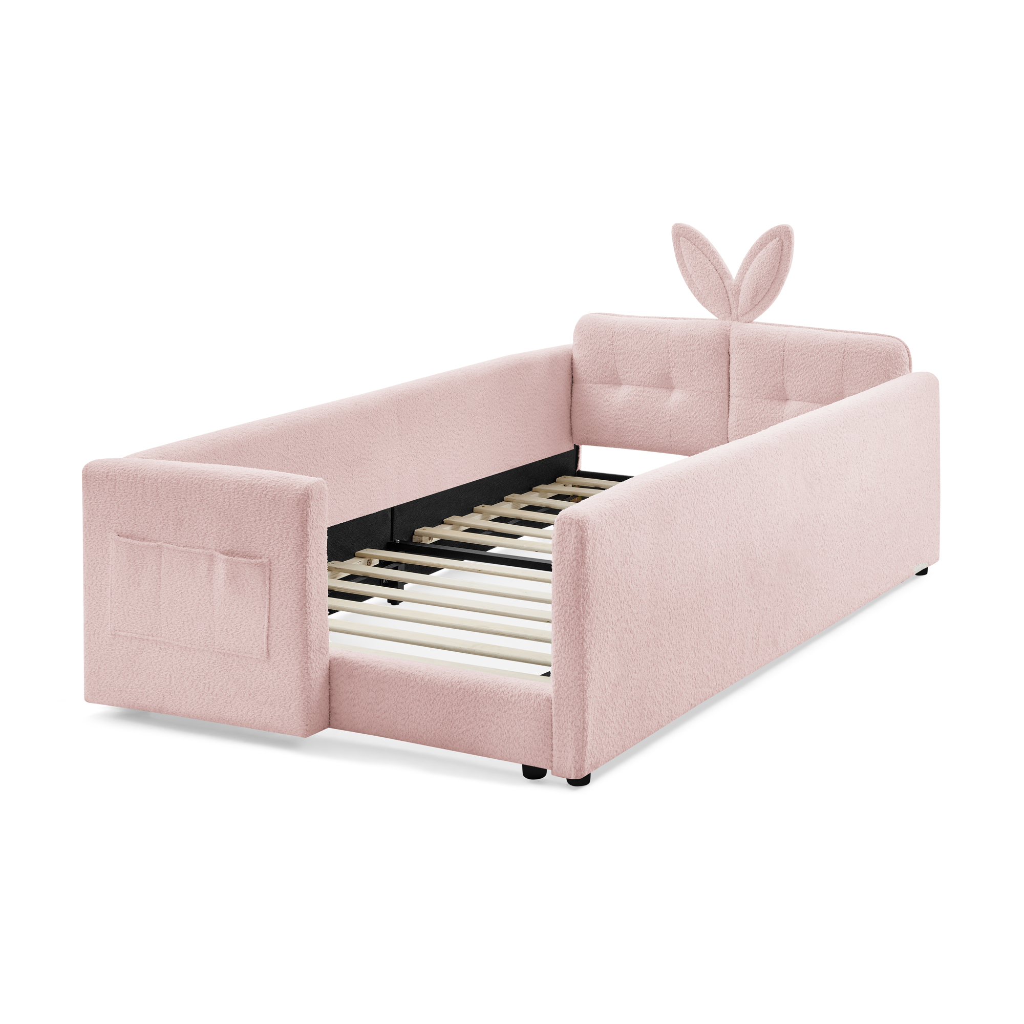 Twin Size Upholstered Platform Bed with Cute Rabbit Ear Shaped Headboard, with Safety Rail and Pocket, Boucle Fabric, Pink - Image 4