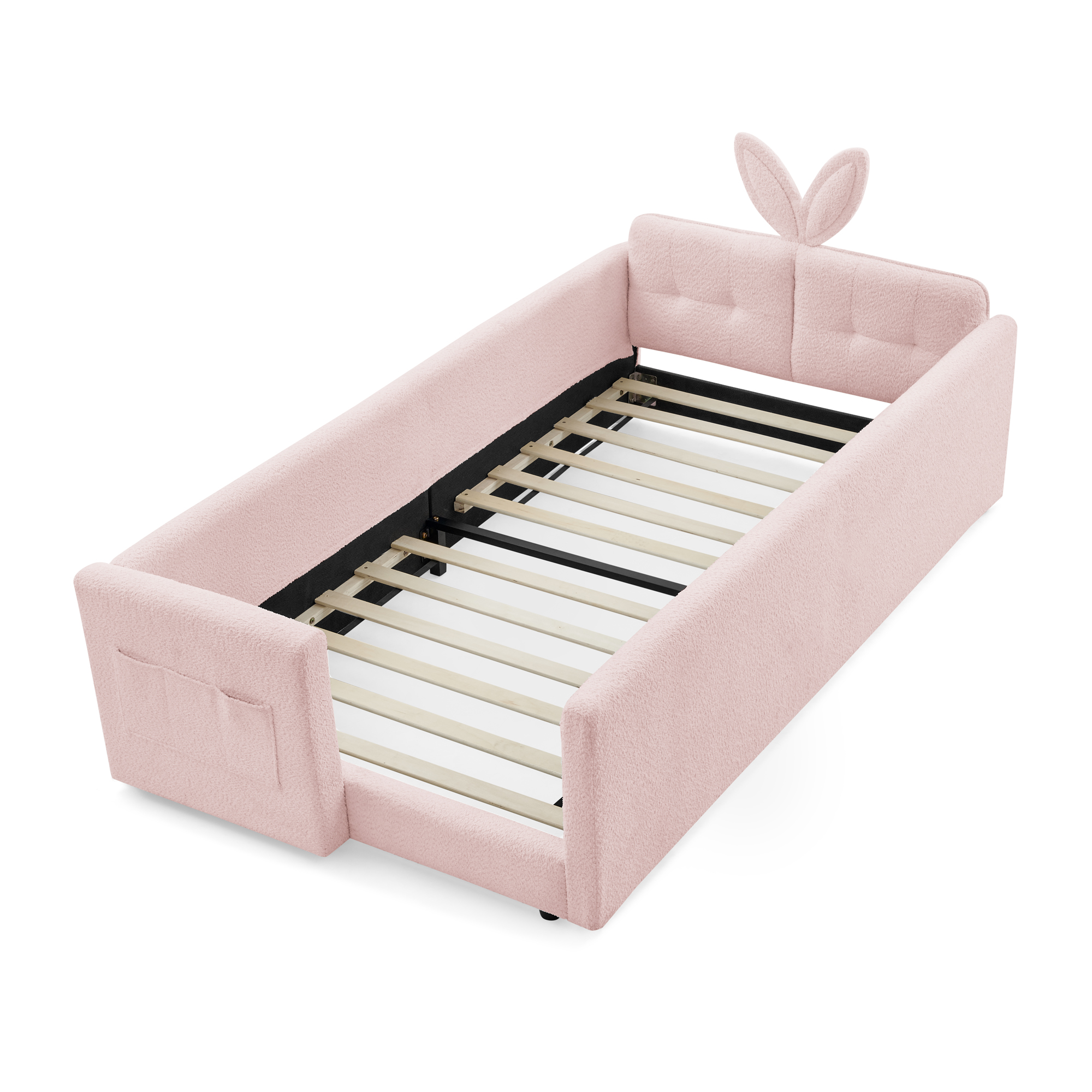 Twin Size Upholstered Platform Bed with Cute Rabbit Ear Shaped Headboard, with Safety Rail and Pocket, Boucle Fabric, Pink - Image 5