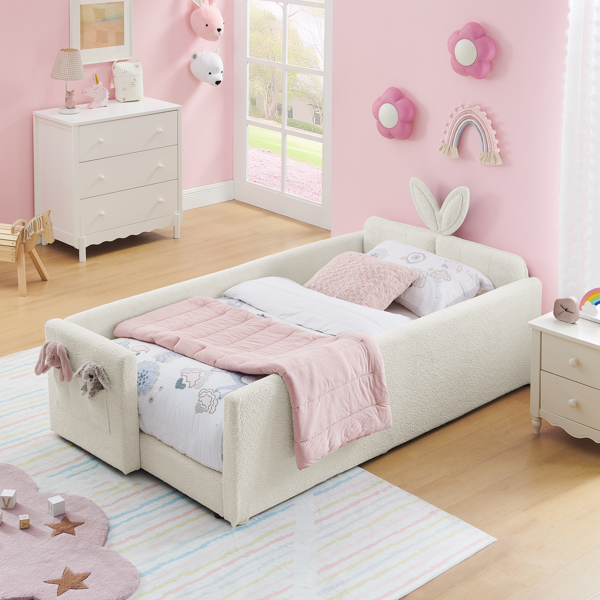 Twin Size Upholstered Platform Bed with Cute Rabbit Ear Shaped Headboard, with Safety Rail and Pocket, Boucle Fabric, Beige - Image 2