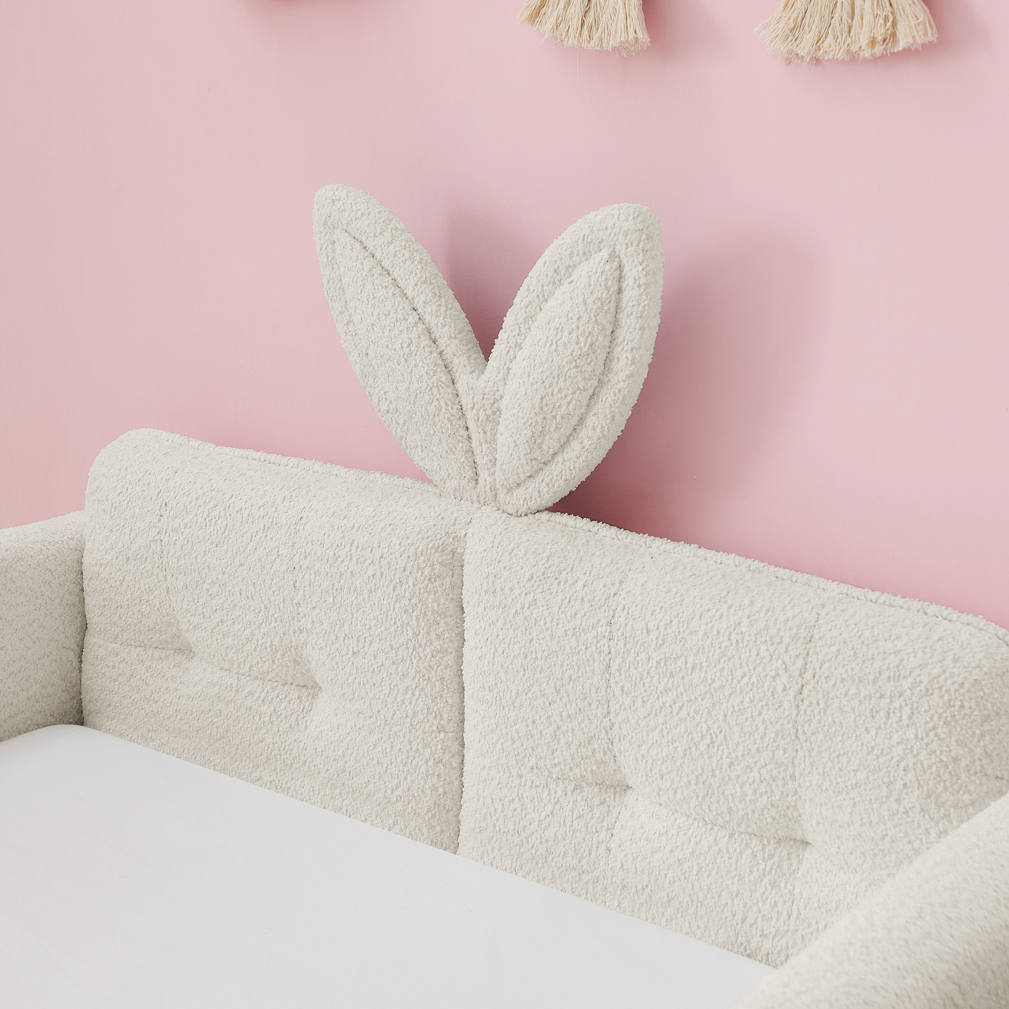 Twin Size Upholstered Platform Bed with Cute Rabbit Ear Shaped Headboard, with Safety Rail and Pocket, Boucle Fabric, Beige - Image 4