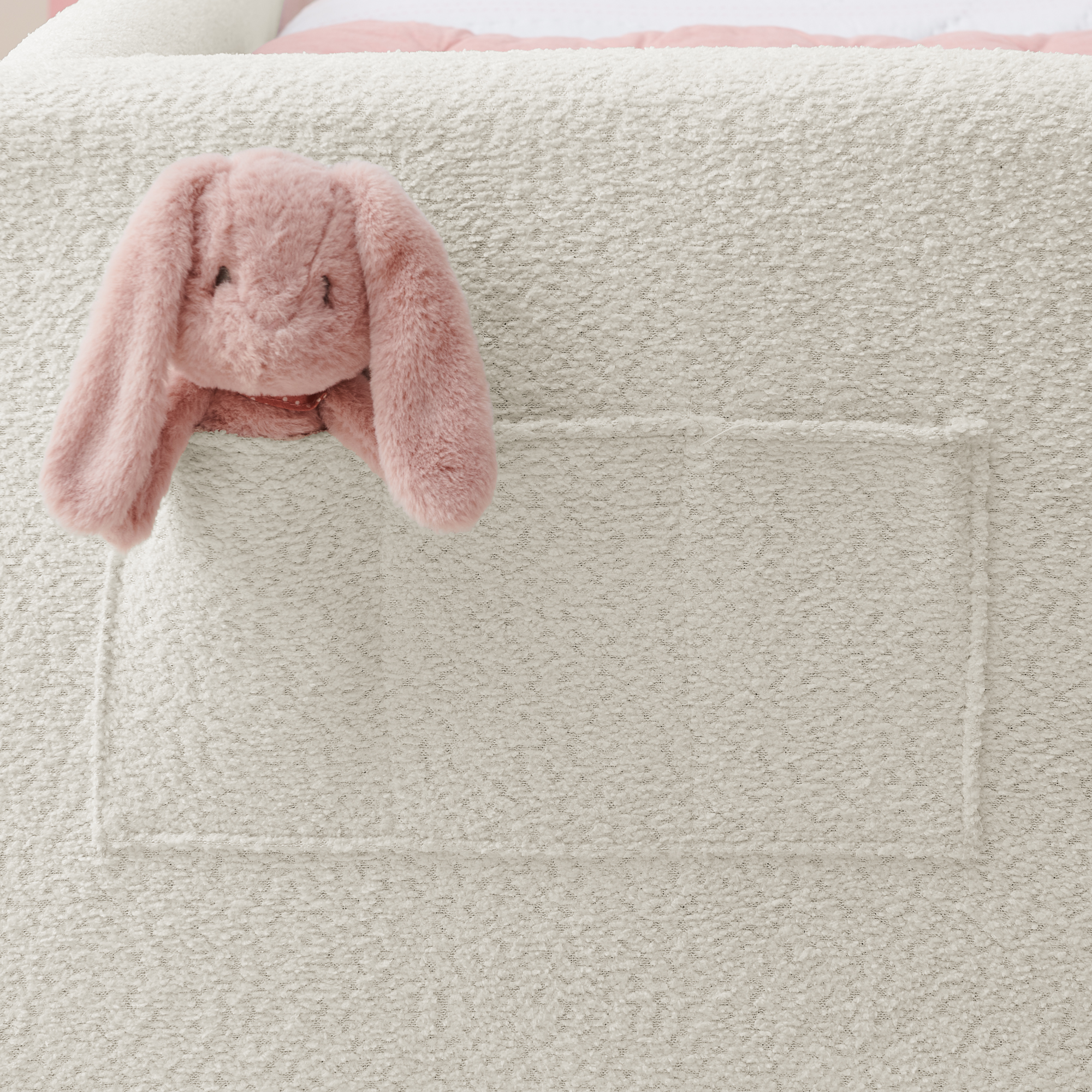 Twin Size Upholstered Platform Bed with Cute Rabbit Ear Shaped Headboard, with Safety Rail and Pocket, Boucle Fabric, Beige - Image 5