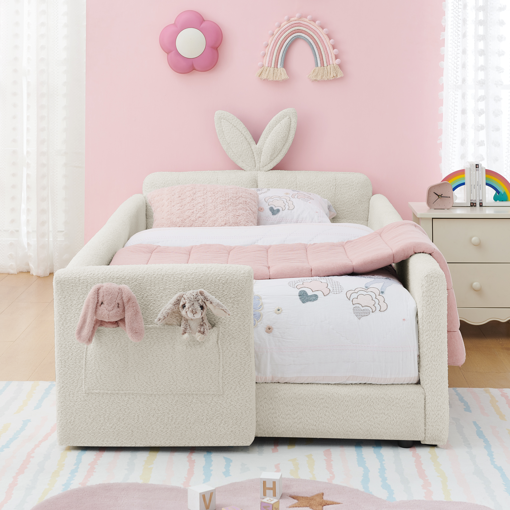 Twin Size Upholstered Platform Bed with Cute Rabbit Ear Shaped Headboard, with Safety Rail and Pocket, Boucle Fabric, Beige - Image 6