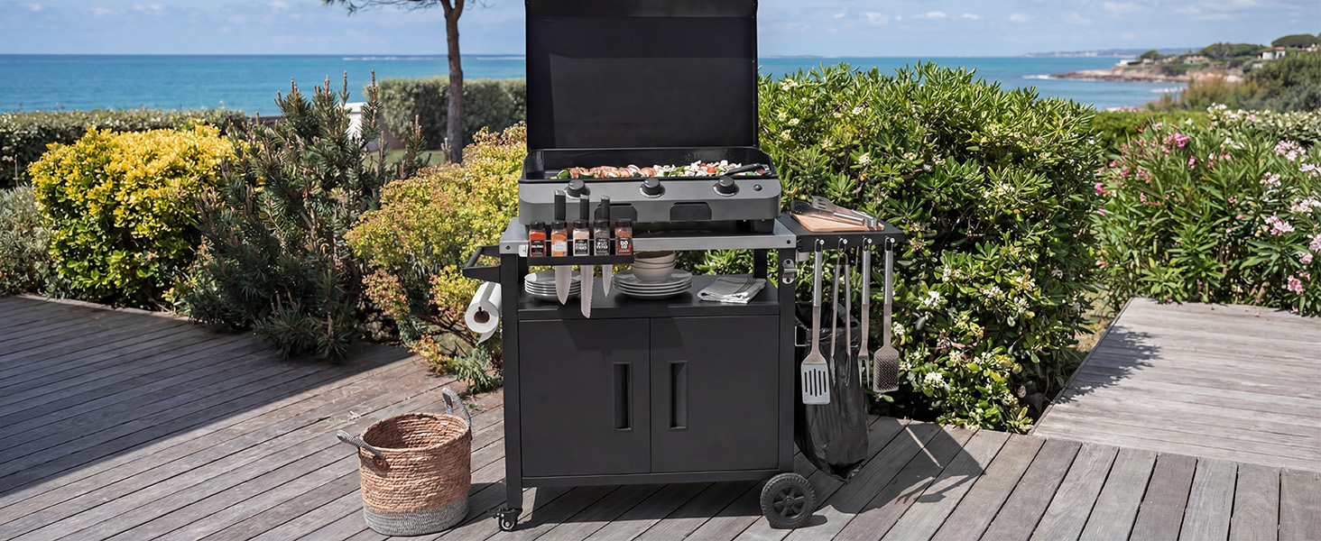 K&K Outdoor Grill Cart with Storage Cabinet, Outdoor Metal Kitchen Island with Foldable Table, Pizza Oven Table with Wheels & Stainless Steel Top & Hooks & Spice Rack for BBQ,Waterproof Cover Included - Image 2